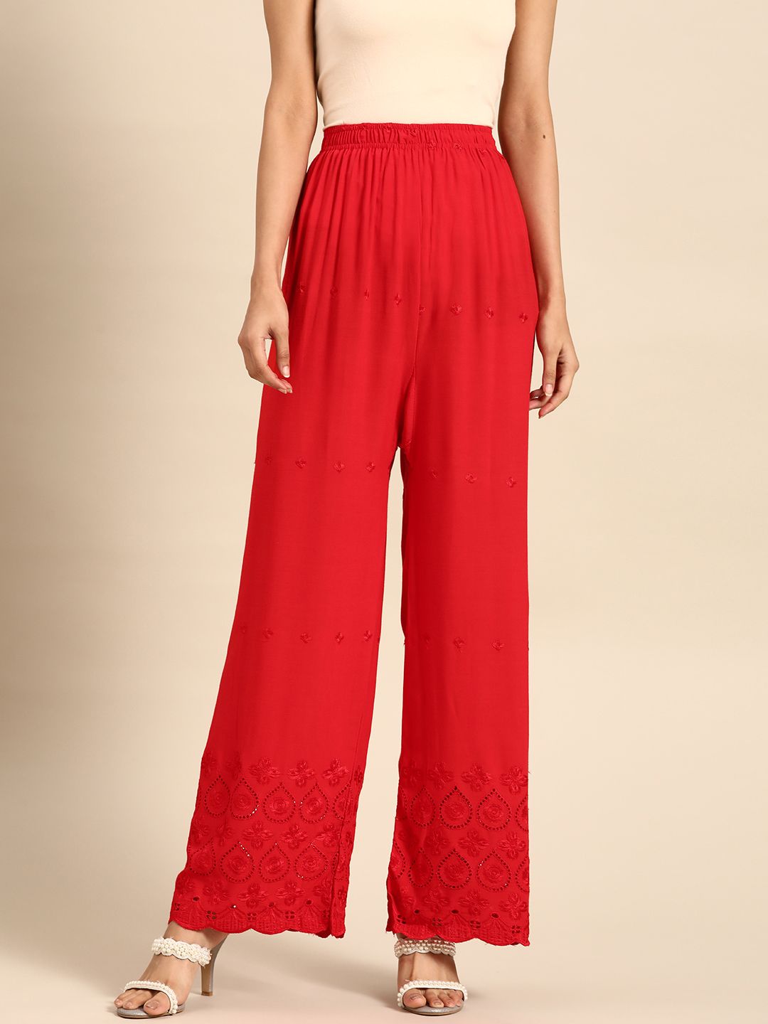Saadgi Women Red Ethnic Motifs Embroidered Palazzos