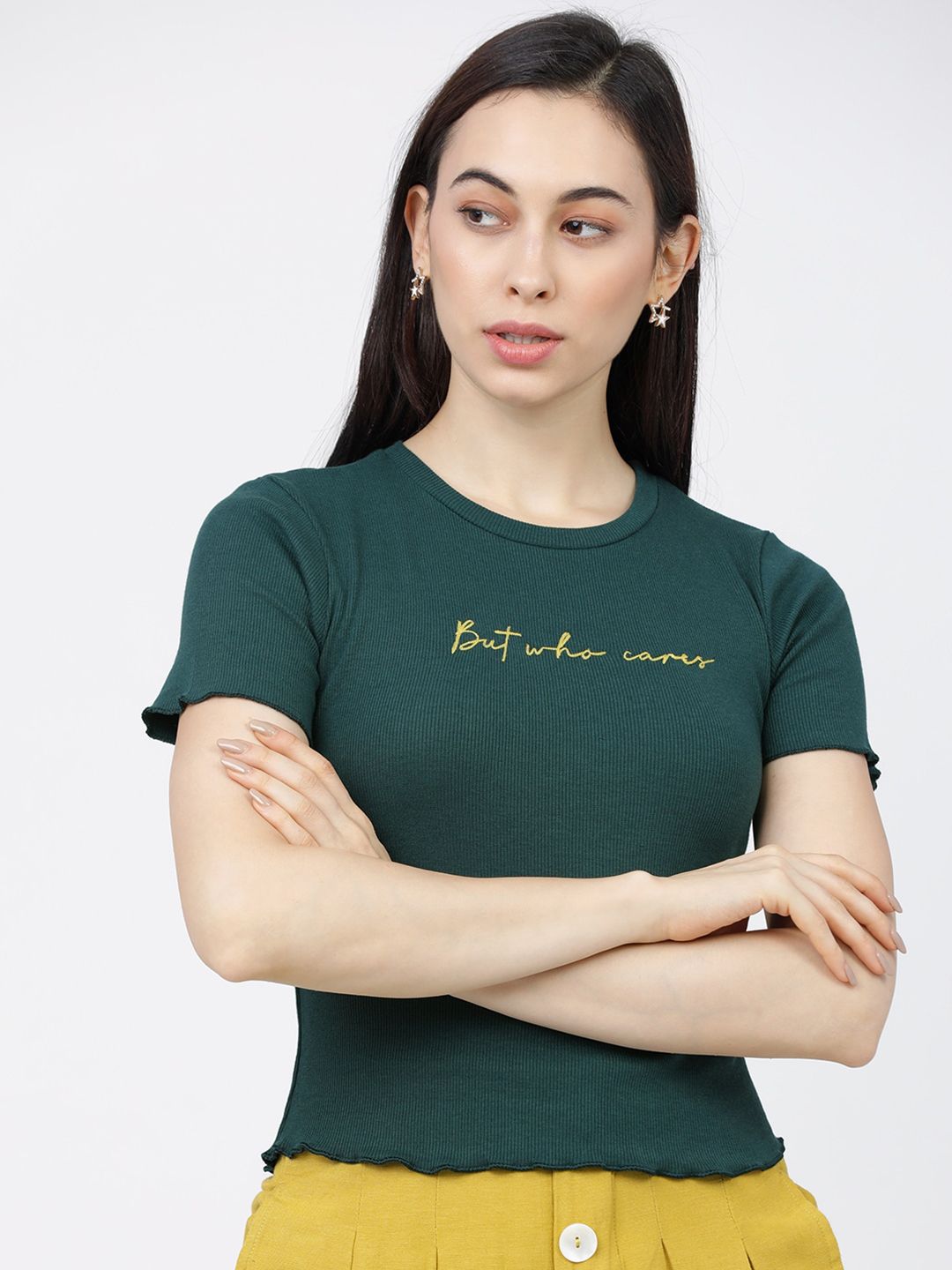 Tokyo Talkies Women Green & Yellow Typography Printed Knitted Top