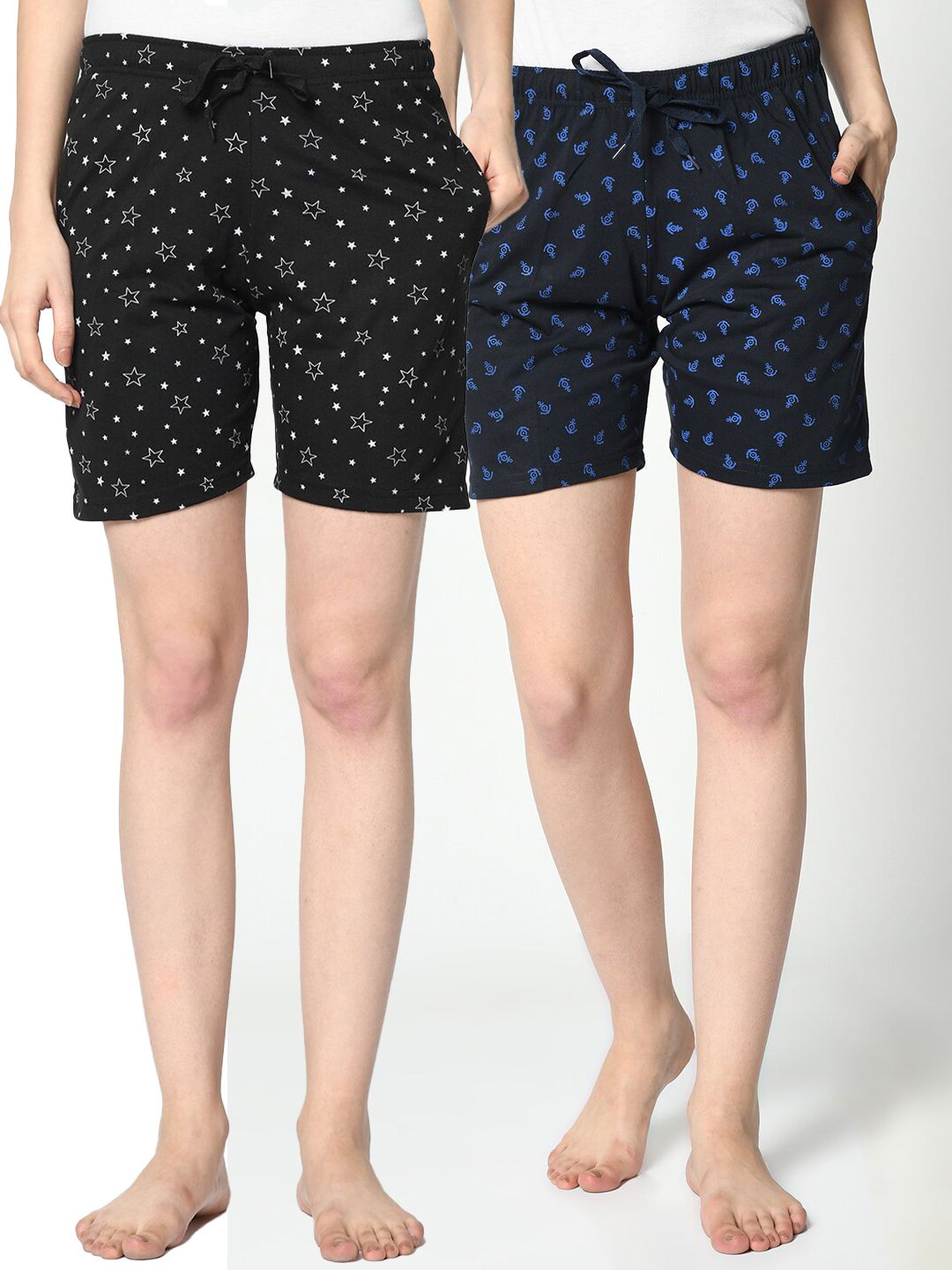 VIMAL JONNEY Women Black & Navy Blue Pack of 2 Printed Cotton Lounge Shorts Price in India