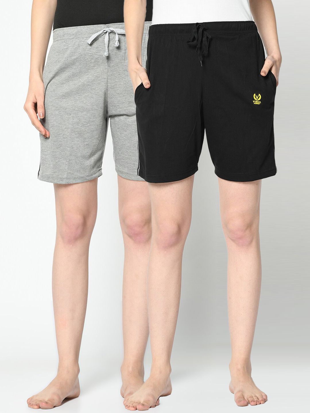 VIMAL JONNEY Women Black & Grey Set of 2 Cotton Lounge Shorts Price in India