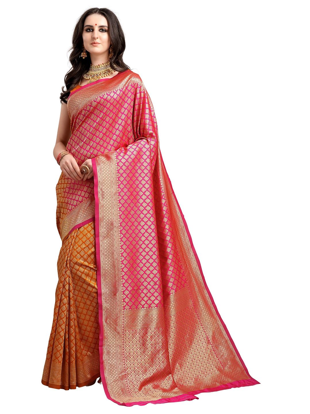 KALINI Pink & Mustard Yellow Ethnic Motifs Woven Design Half & Half Kanjeevaram Saree Price in India