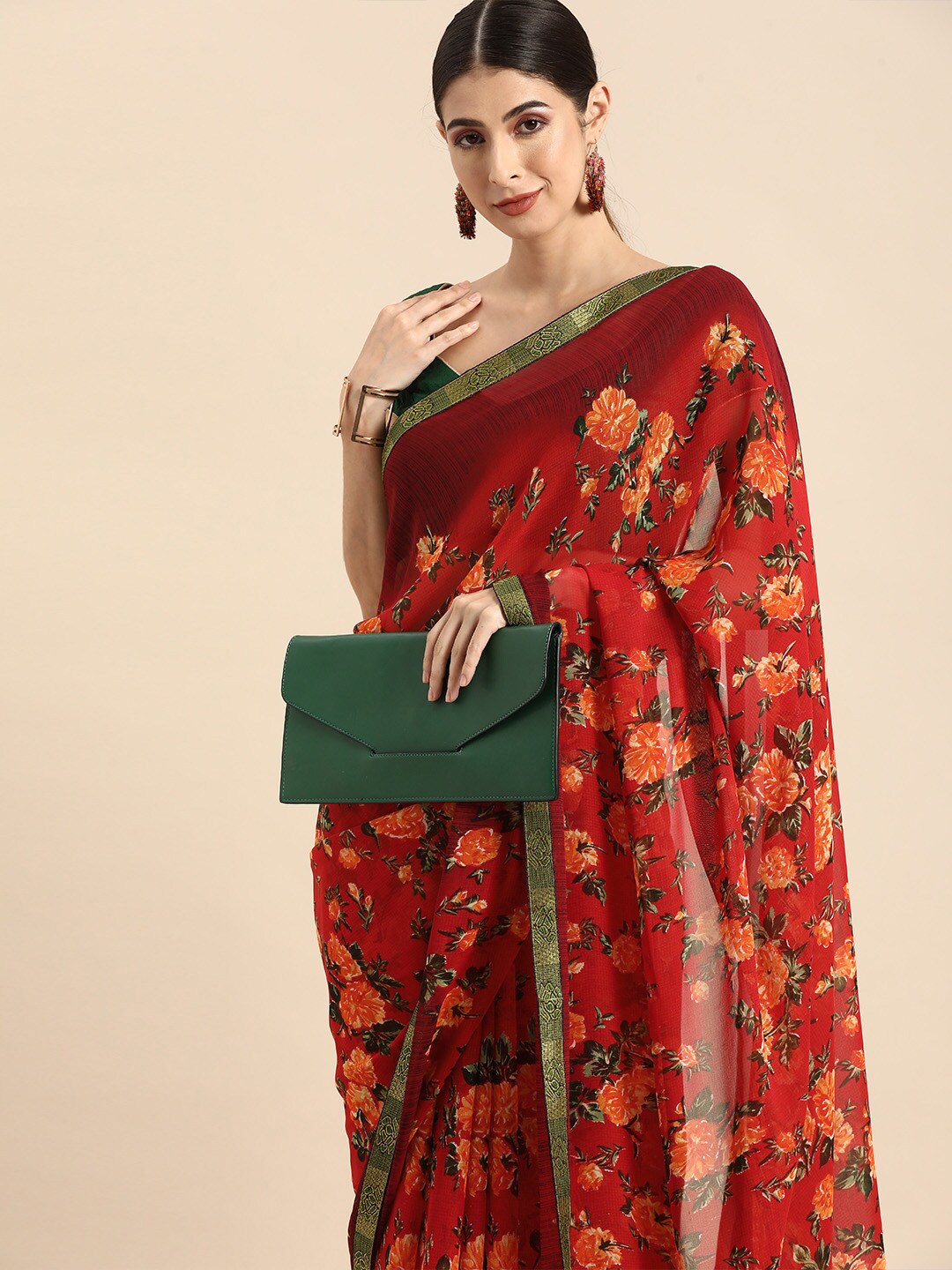 Anouk Red & Green Floral Pure Georgette Bhagalpuri Saree Price in India