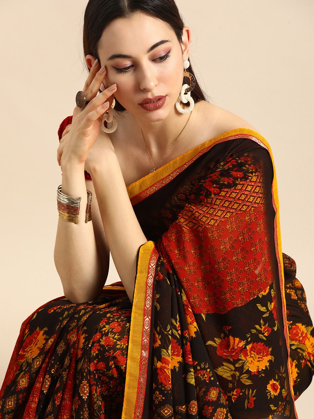 Anouk Brown & Black Woven Design Pure Georgette Bhagalpuri Saree