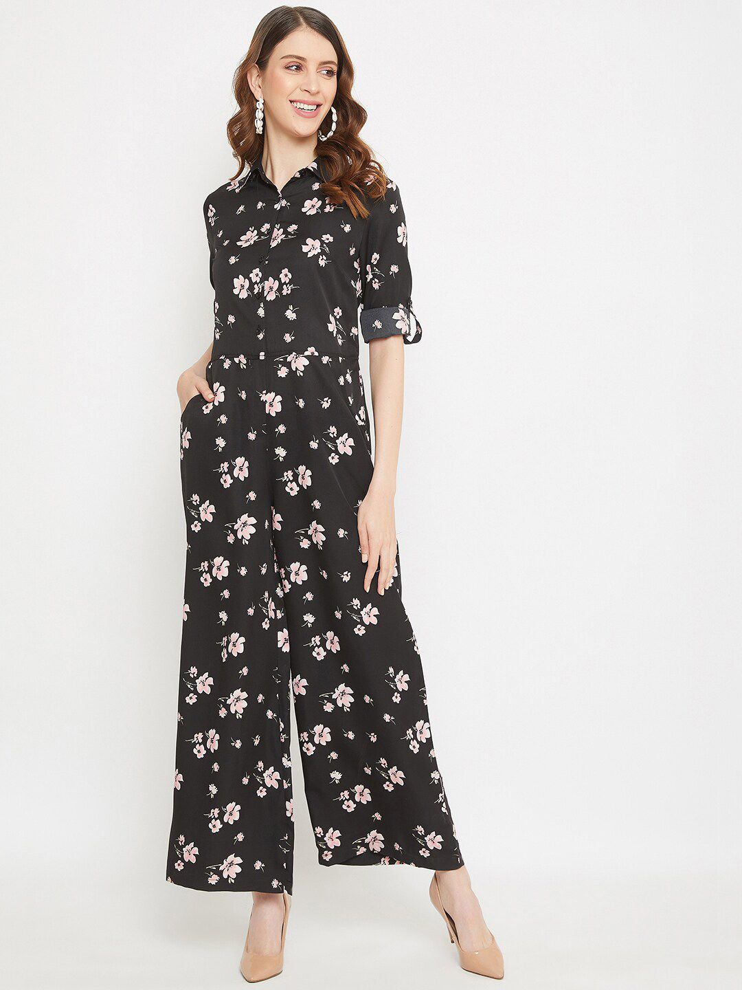 PURYS Women Black & Peach-Coloured Printed Polyester Jumpsuit Price in India