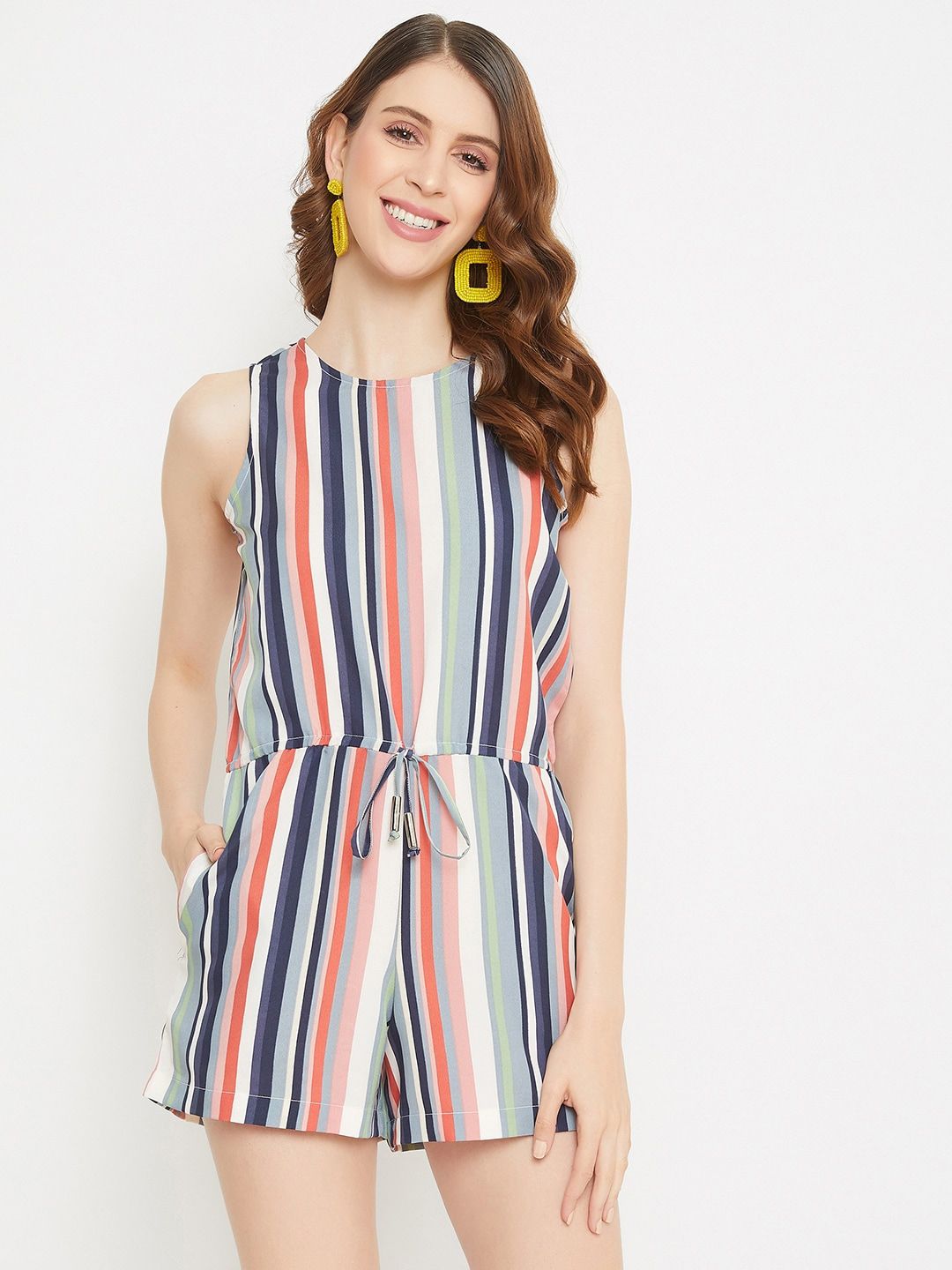 PURYS Women Multicoloured & White Striped Printed Romper Jumpsuit Price in India