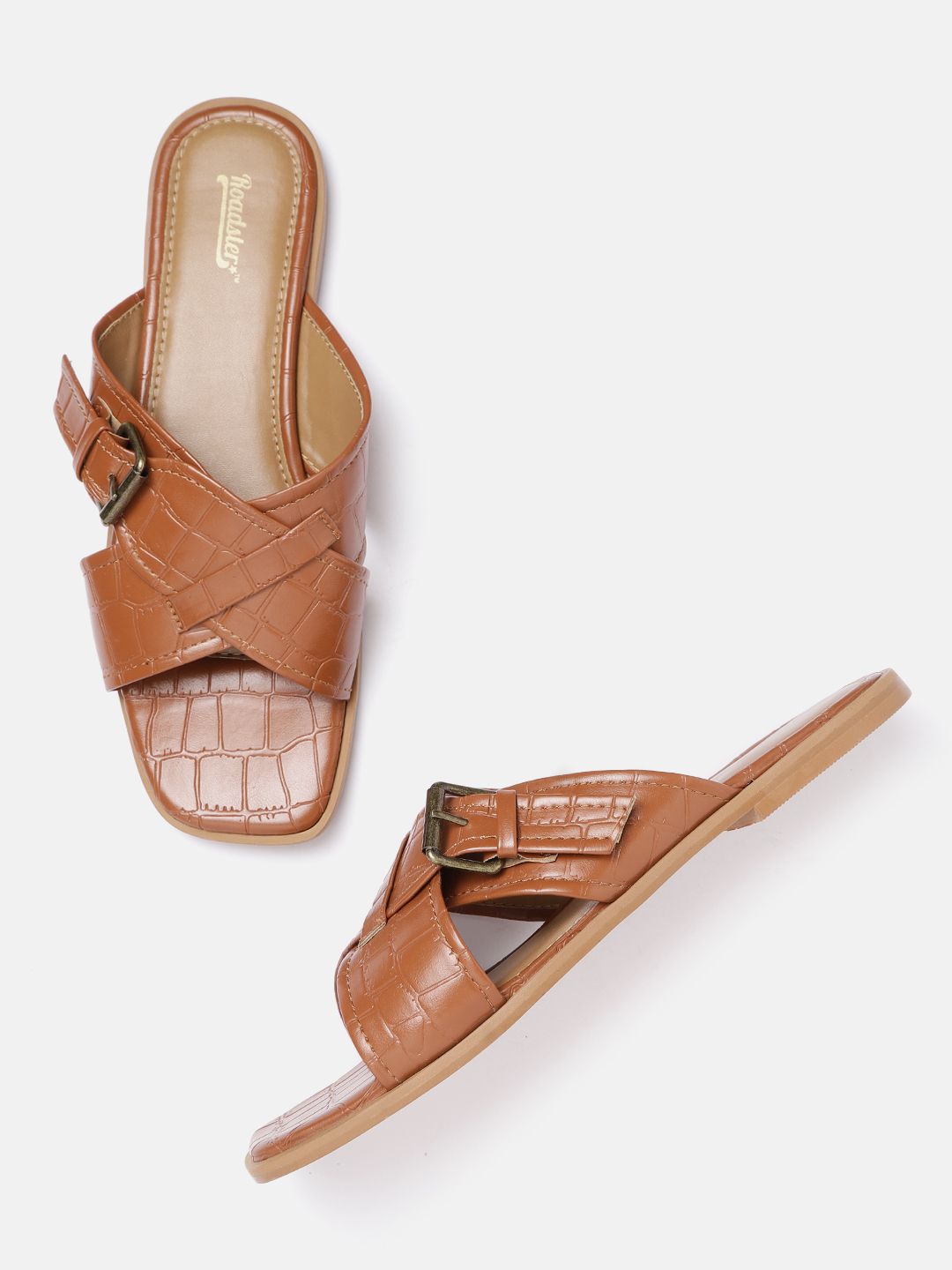 Roadster Women Tan Brown Croc Textured Open Toe Flats with Buckle Detail Price in India