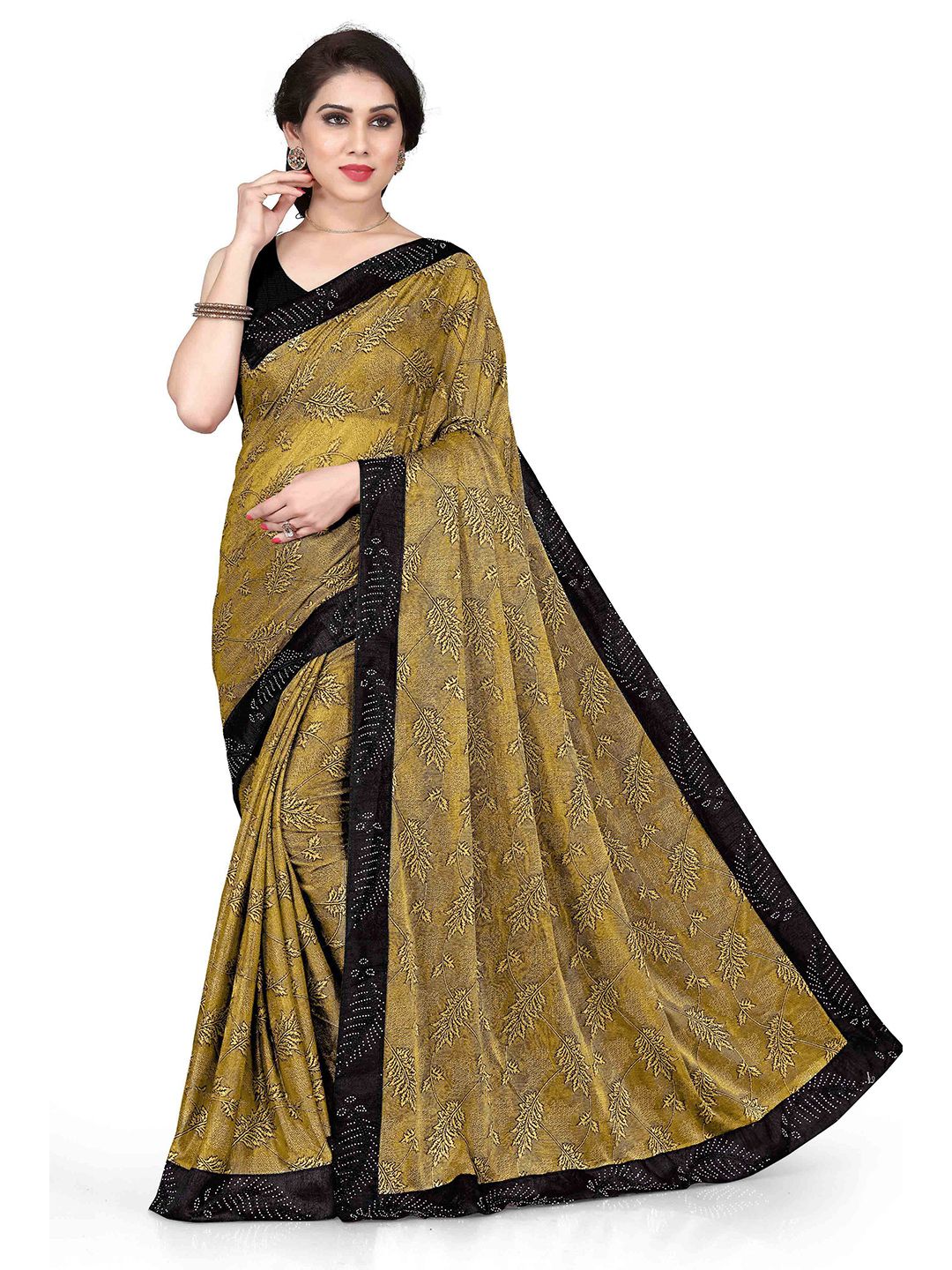 KALINI Yellow & Black Floral Printed Saree