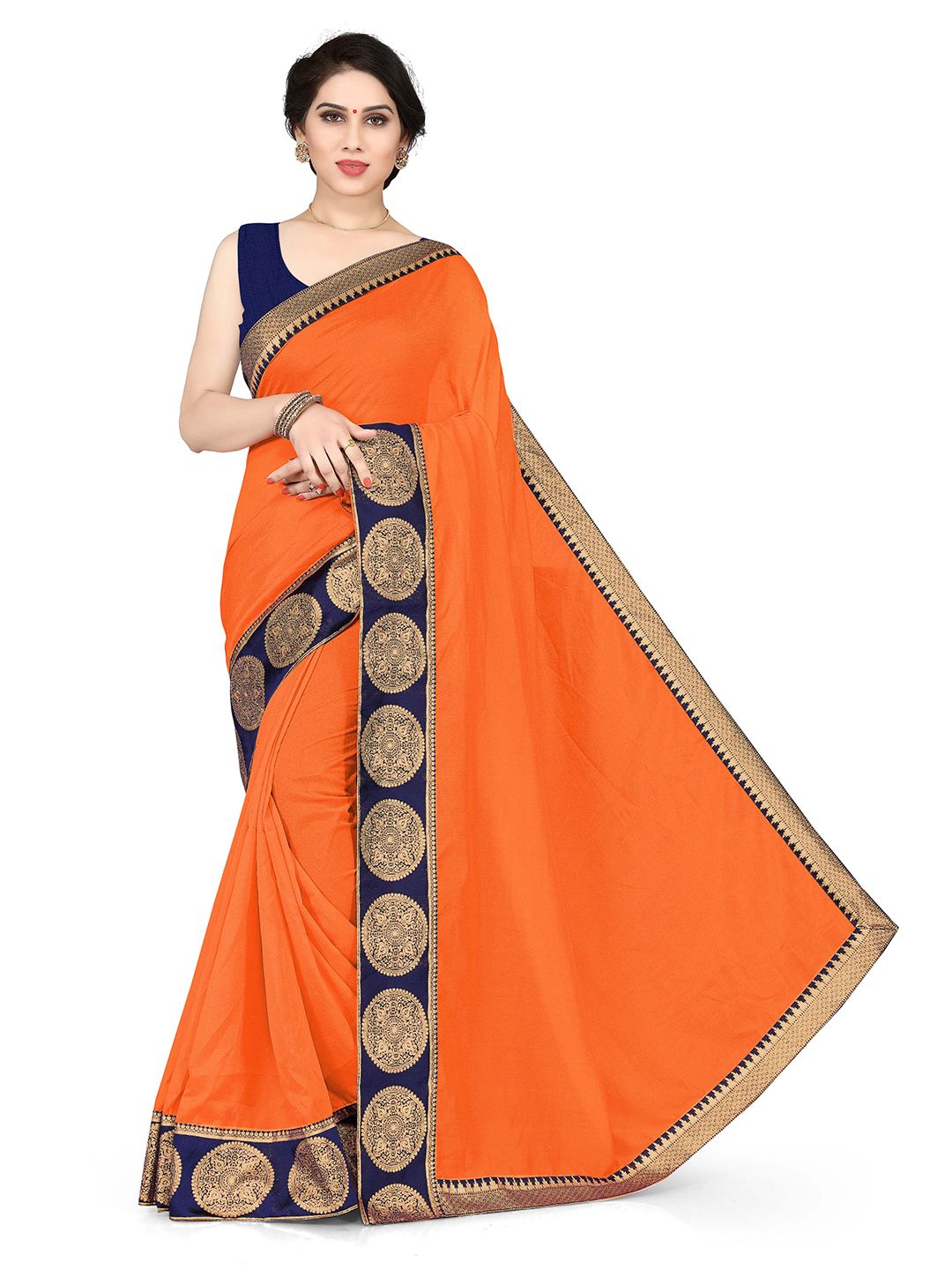 KALINI Orange & Navy Blue Vichitra Silk Saree