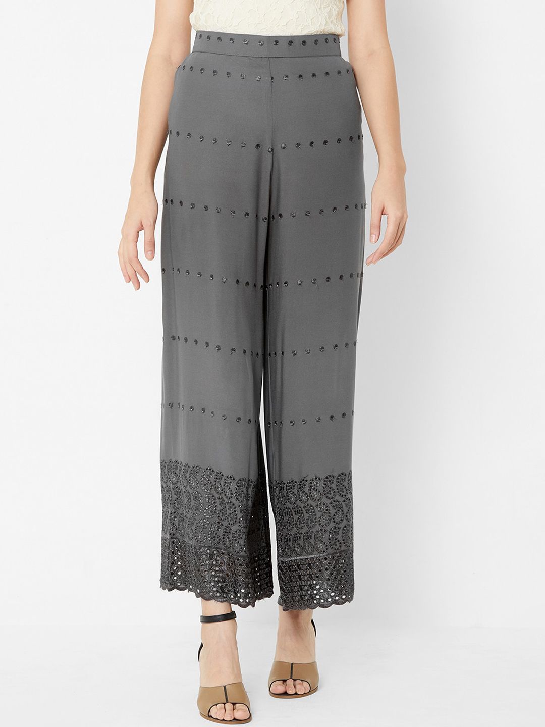 ZOLA Women Grey Ethnic Motifs Embroidered Parallel Trousers Price in India
