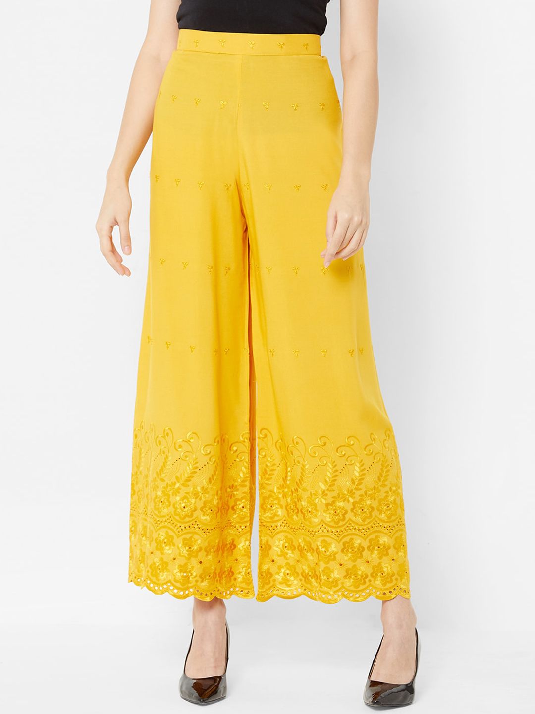 ZOLA Women Yellow Floral Embroidered Parallel Trousers Price in India