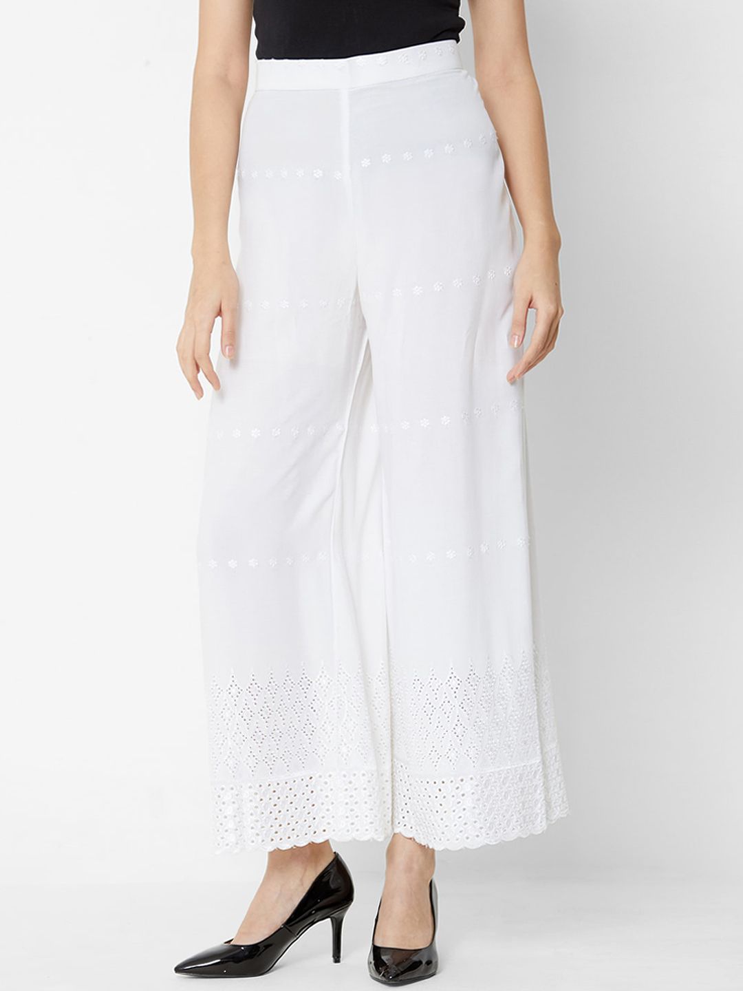 ZOLA Women White Self Design Textured Parallel Trousers Price in India