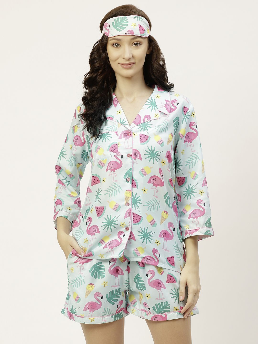 bedgasm Women Turquoise Blue & Pink Printed Night suit Price in India