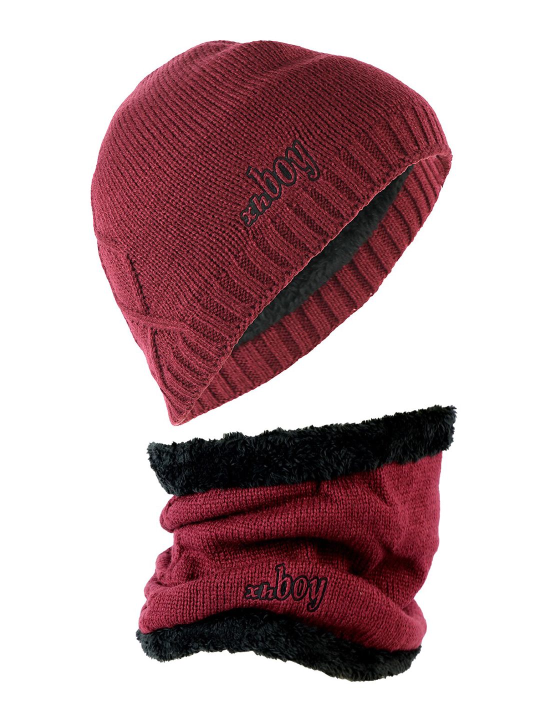 iSWEVEN Unisex Maroon & Black Embroidered Beanie Price in India