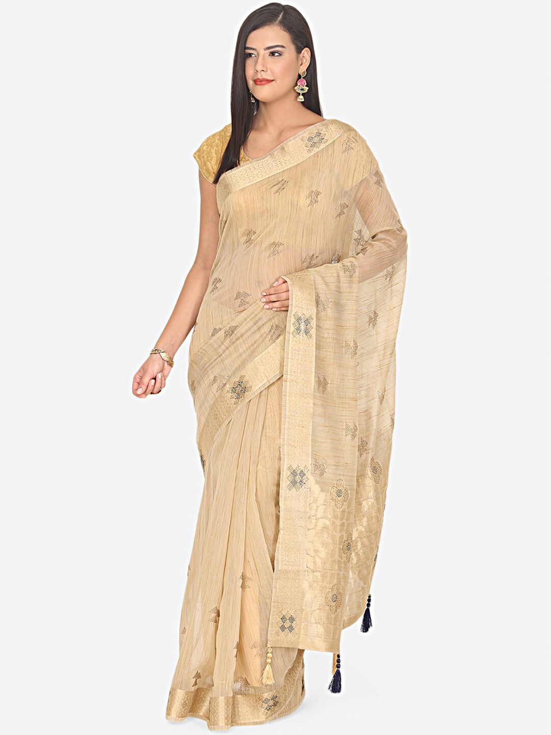 BOMBAY SELECTIONS Beige Floral Embellished Jute Silk Banarasi Saree