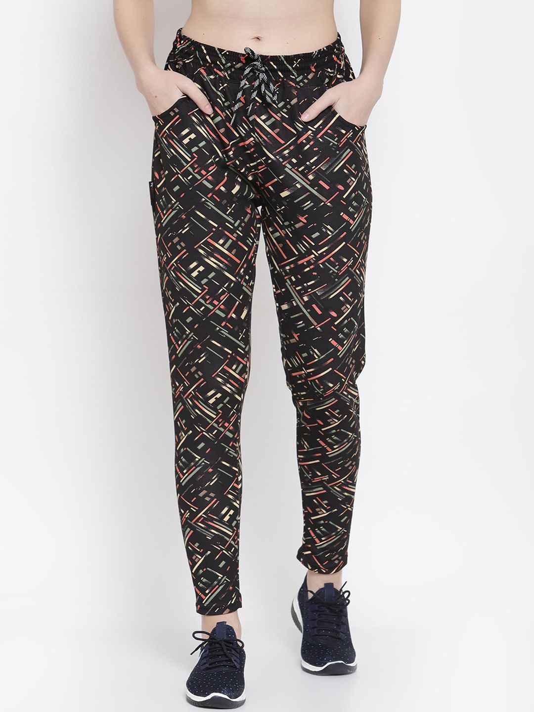 KLOTTHE Women Black & Orange Printed Slim-Fit Track Pants Price in India