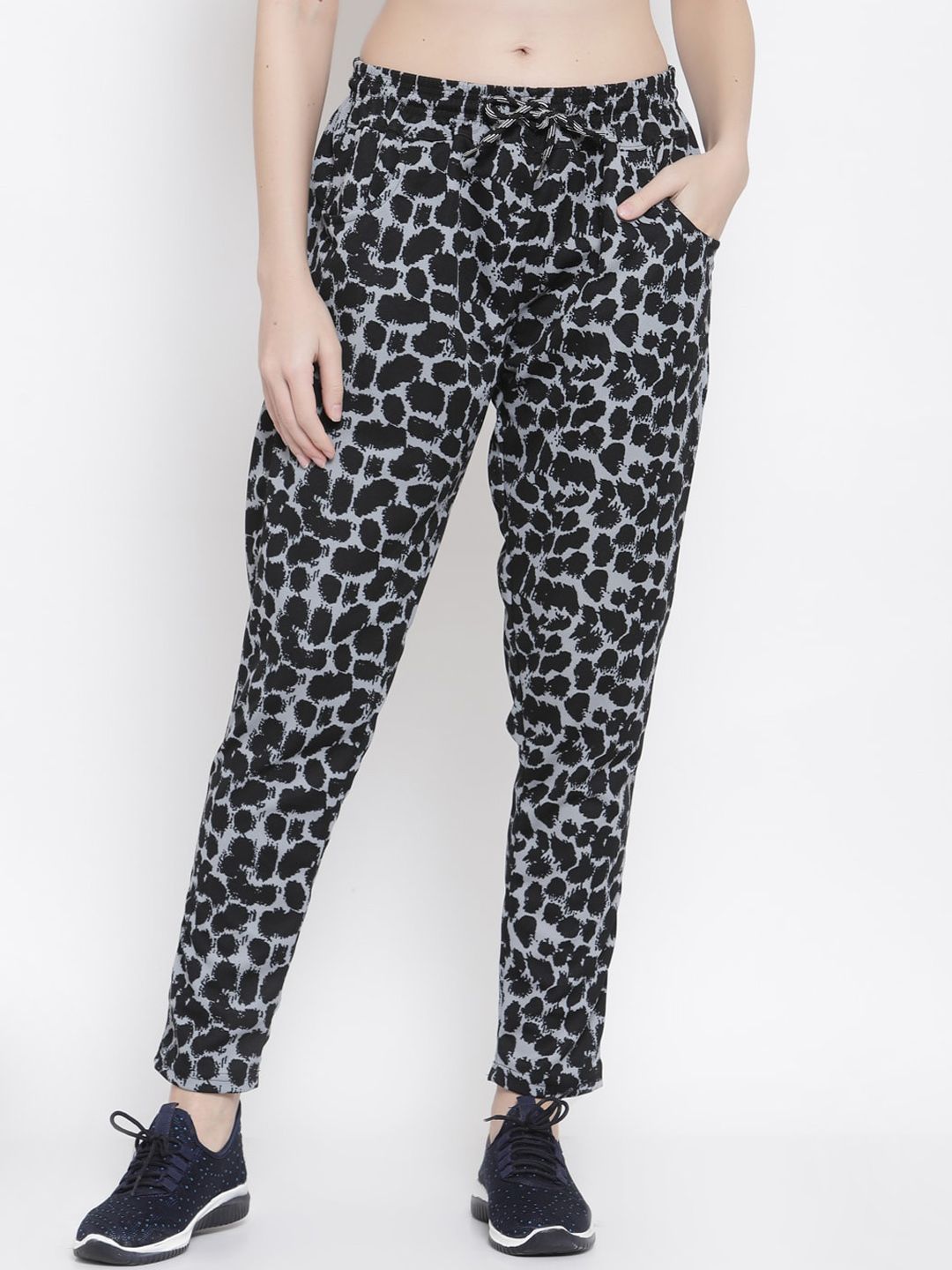 KLOTTHE Women Grey & Black Printed Slim-Fit Track Pants Price in India