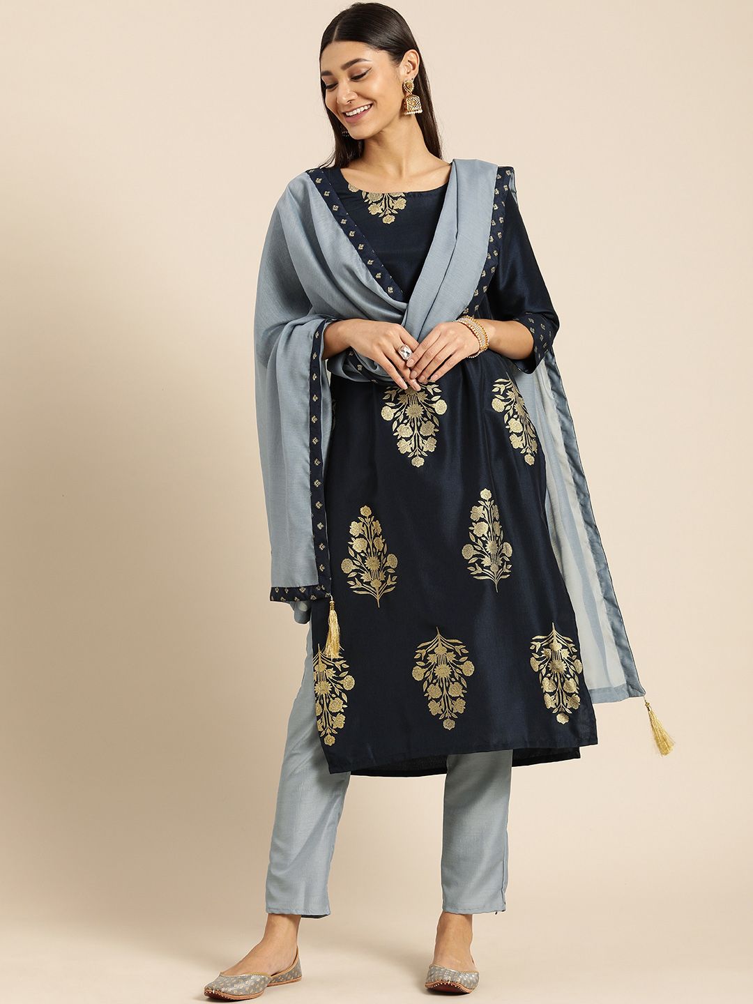 Anouk Women Navy Blue Floral Printed Regular Kurta with Trousers & With Dupatta Price in India