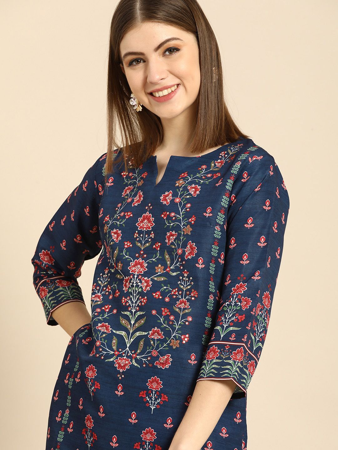 Anouk Women Navy Blue Floral Printed Beads and Stones Kurta with Palazzos Price in India