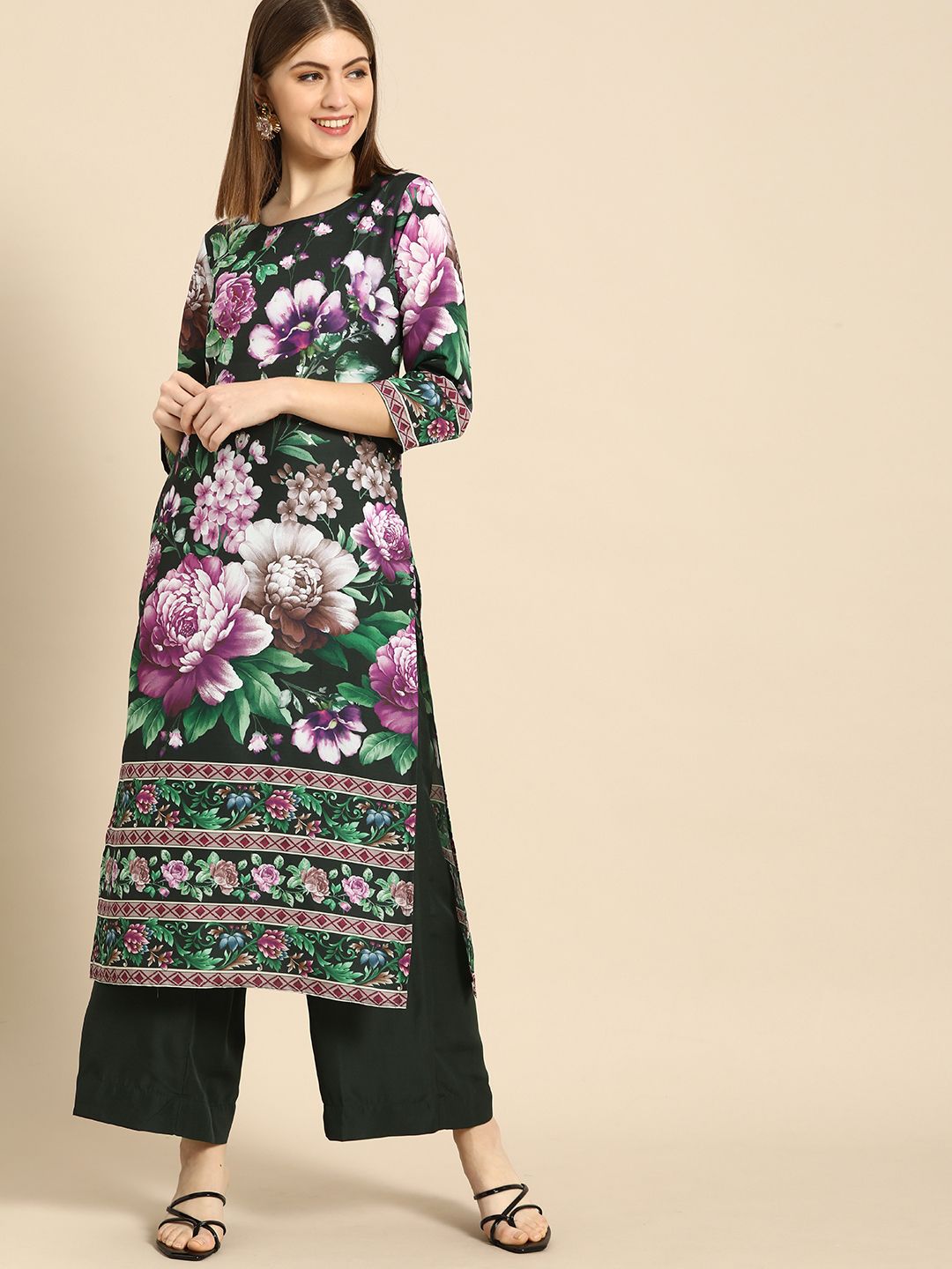 Anouk Women Multicoloured Floral Printed Sequinned Kurta with Palazzos