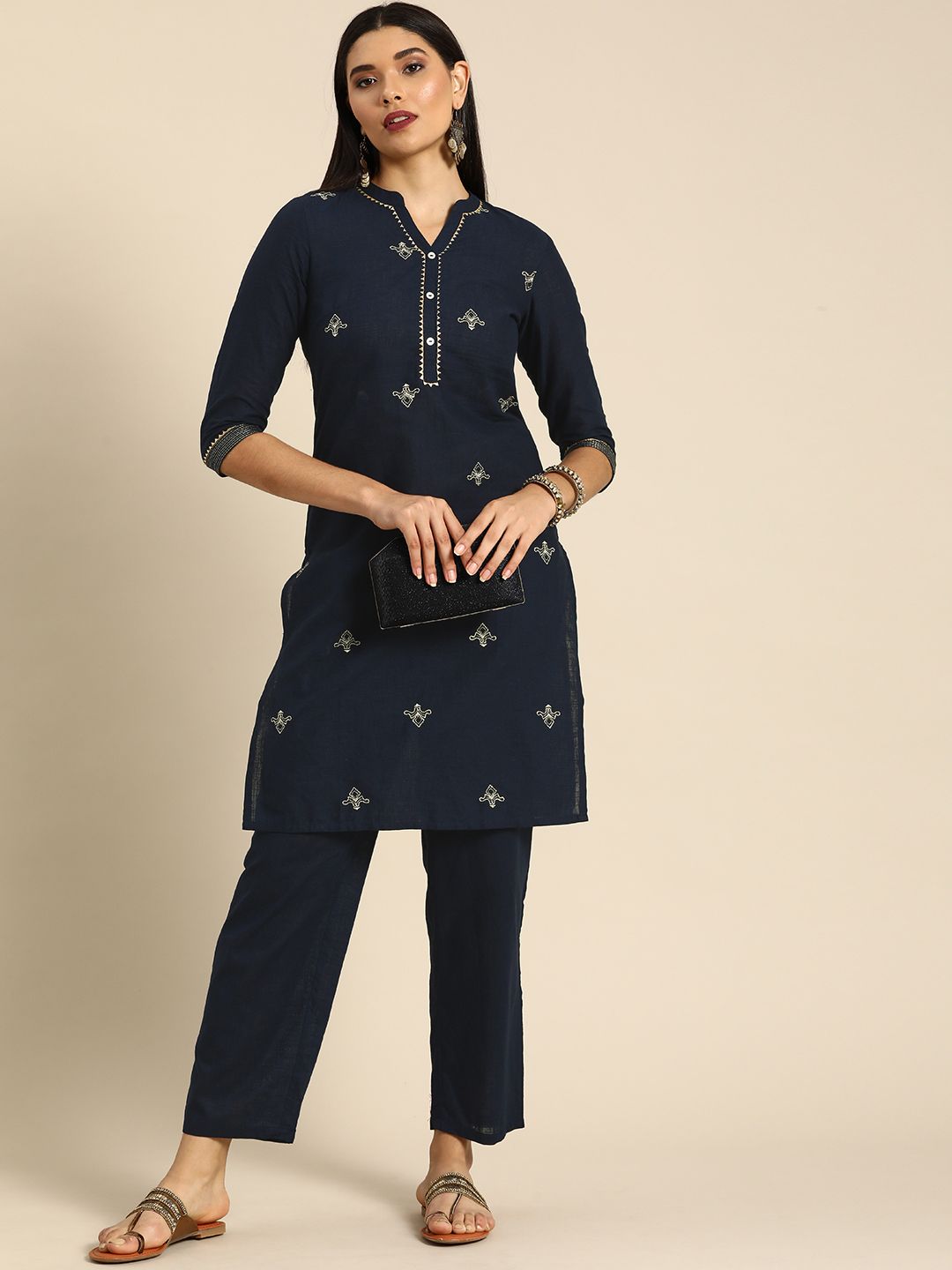 Anouk Women Navy Blue Embroidered Regular Pure Cotton Kurta with Trousers Price in India