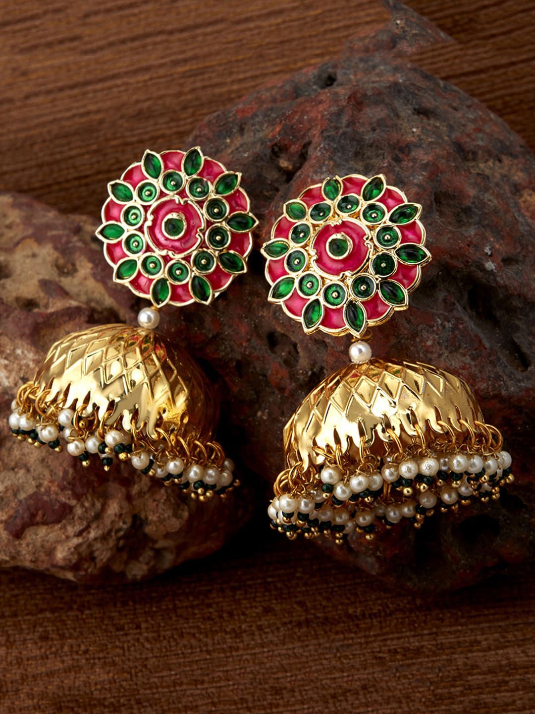 Sukkhi Women Pink & Green Meenakari Pearl Beaded Contemporary Jhumka Earrings Price in India