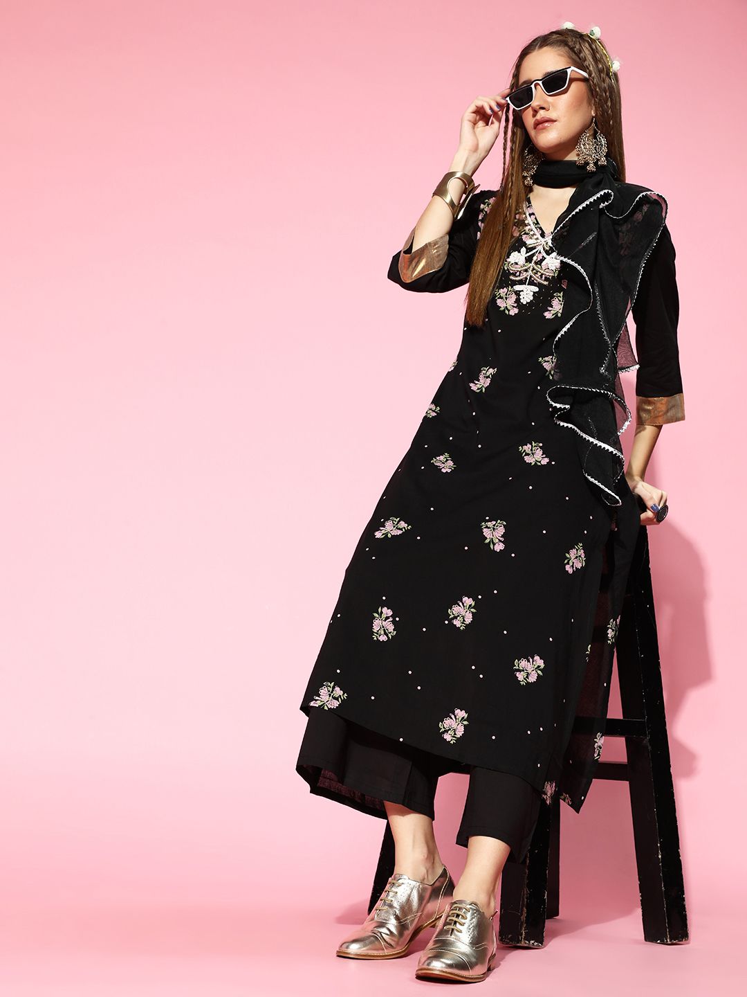 Moda Rapido Women Black Floral Printed Regular Pure Cotton Kurta with Trousers & Dupatta Price in India