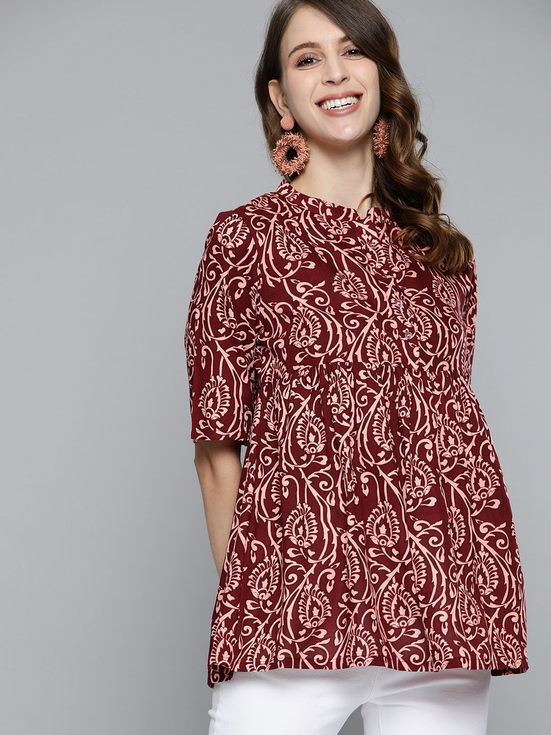 HERE&NOW Burgundy & Pink Ethnic Motifs Printed Empire Kurti Price in India