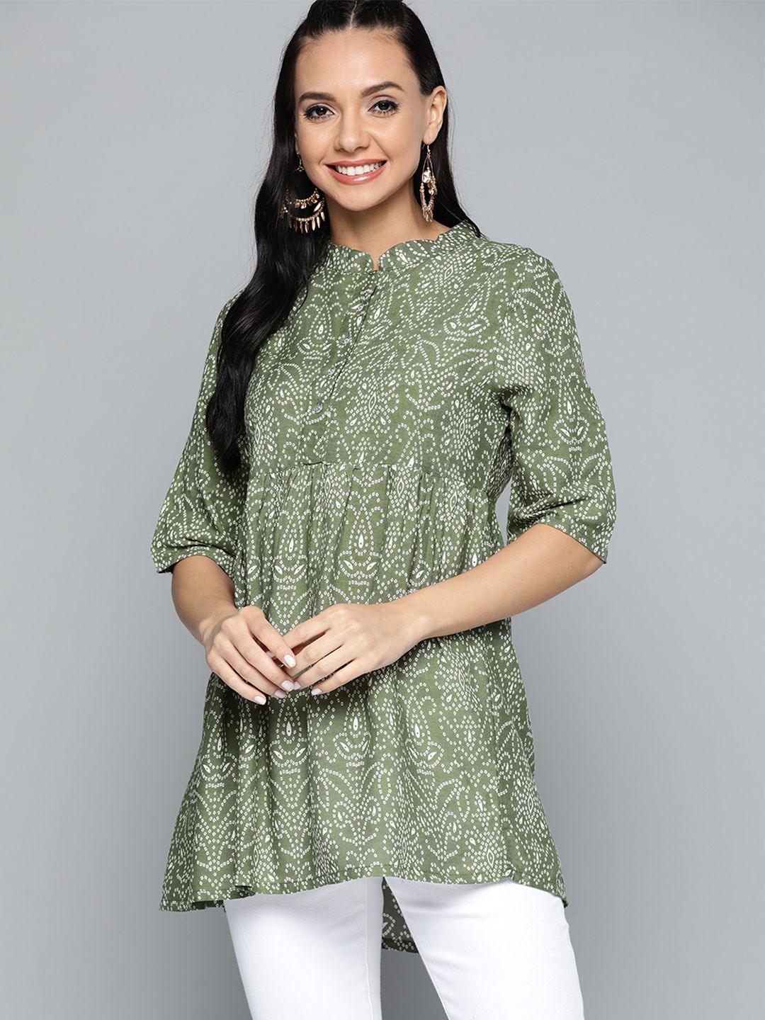 HERE&NOW Green & White Bandhani Print Empire A-Line Kurti Price in India