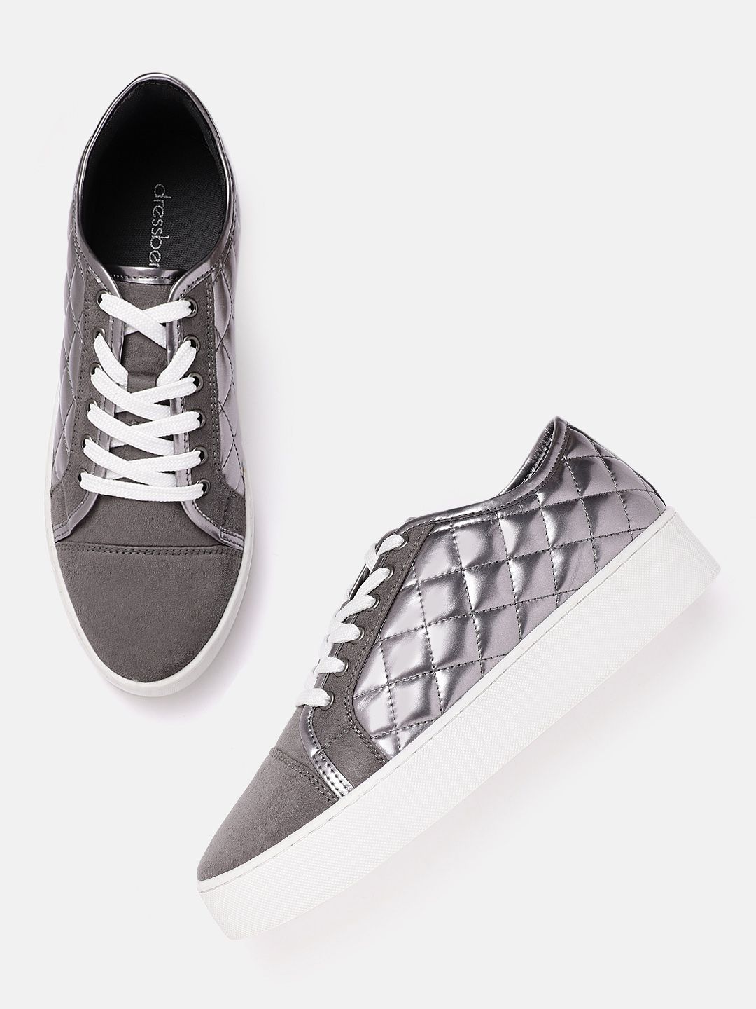 DressBerry Women Gunmetal-Toned & Charcoal Grey Quilted Flatform Sneakers Price in India