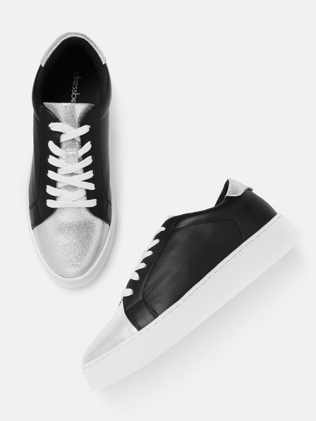 DressBerry Women Black & Silver-Toned Colourblocked Flatform Sneakers Price in India