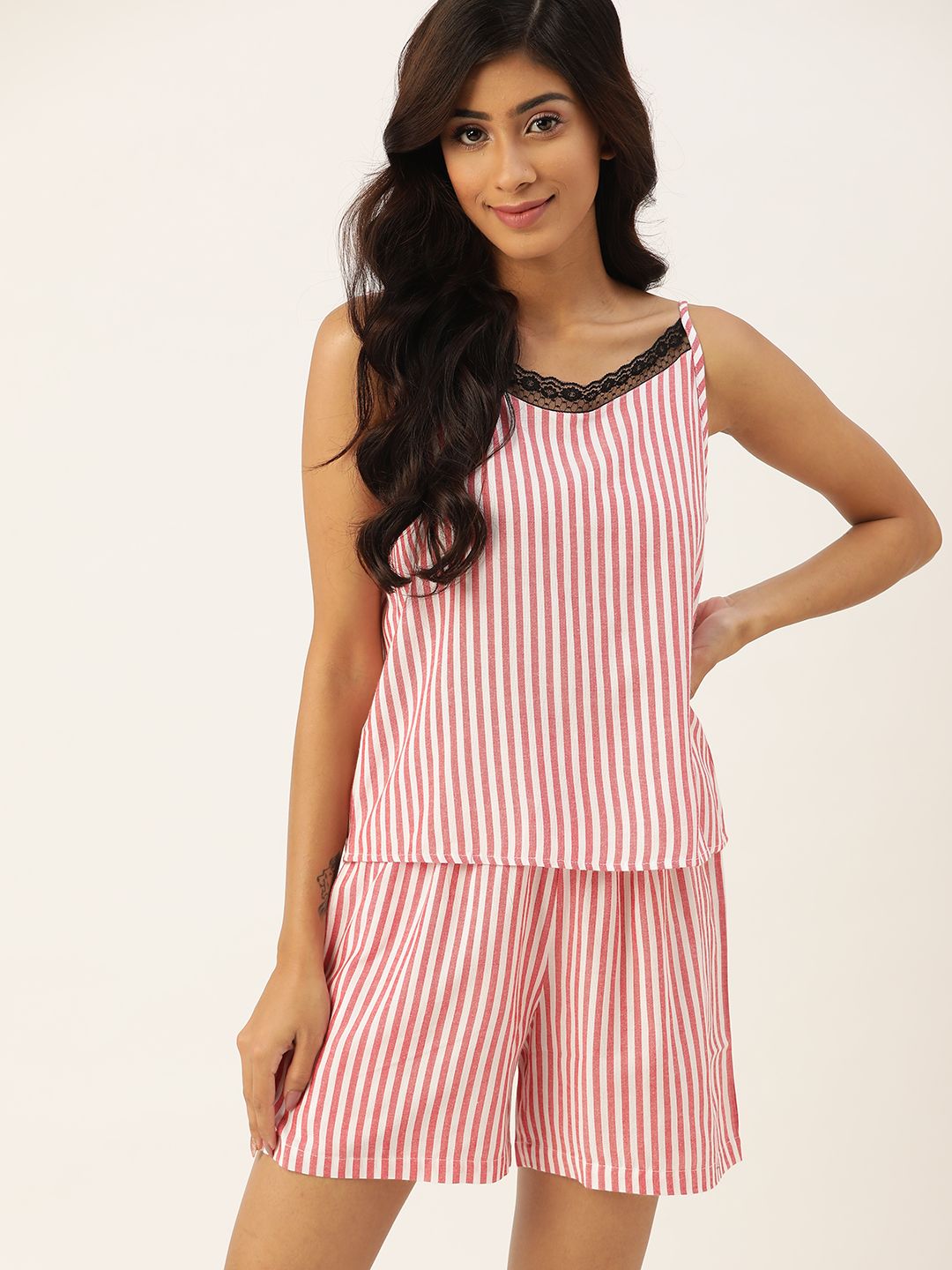 ETC Women Red & White Striped Shorts Set Price in India