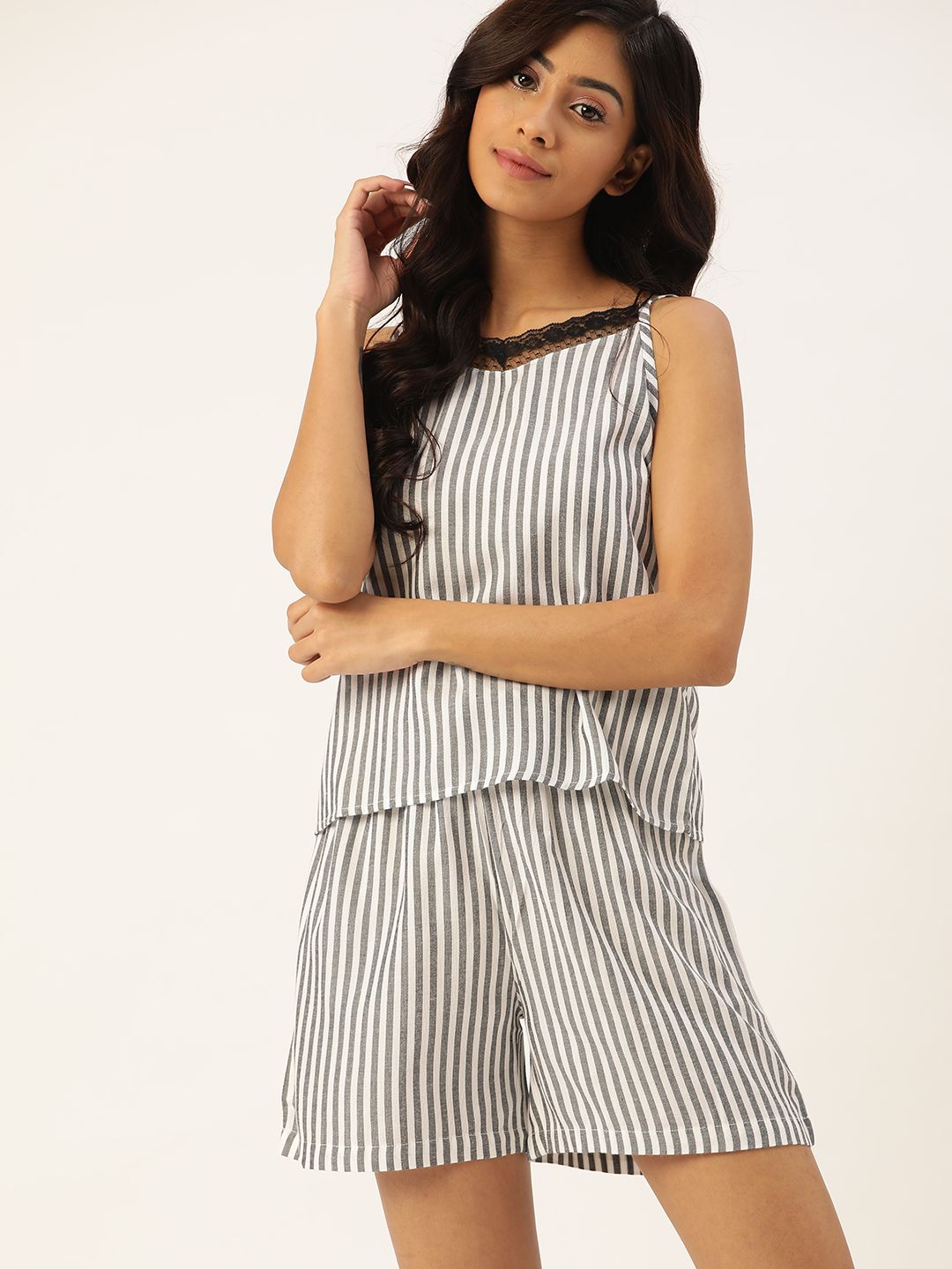 ETC Women White & Black Striped Shorts Set Price in India