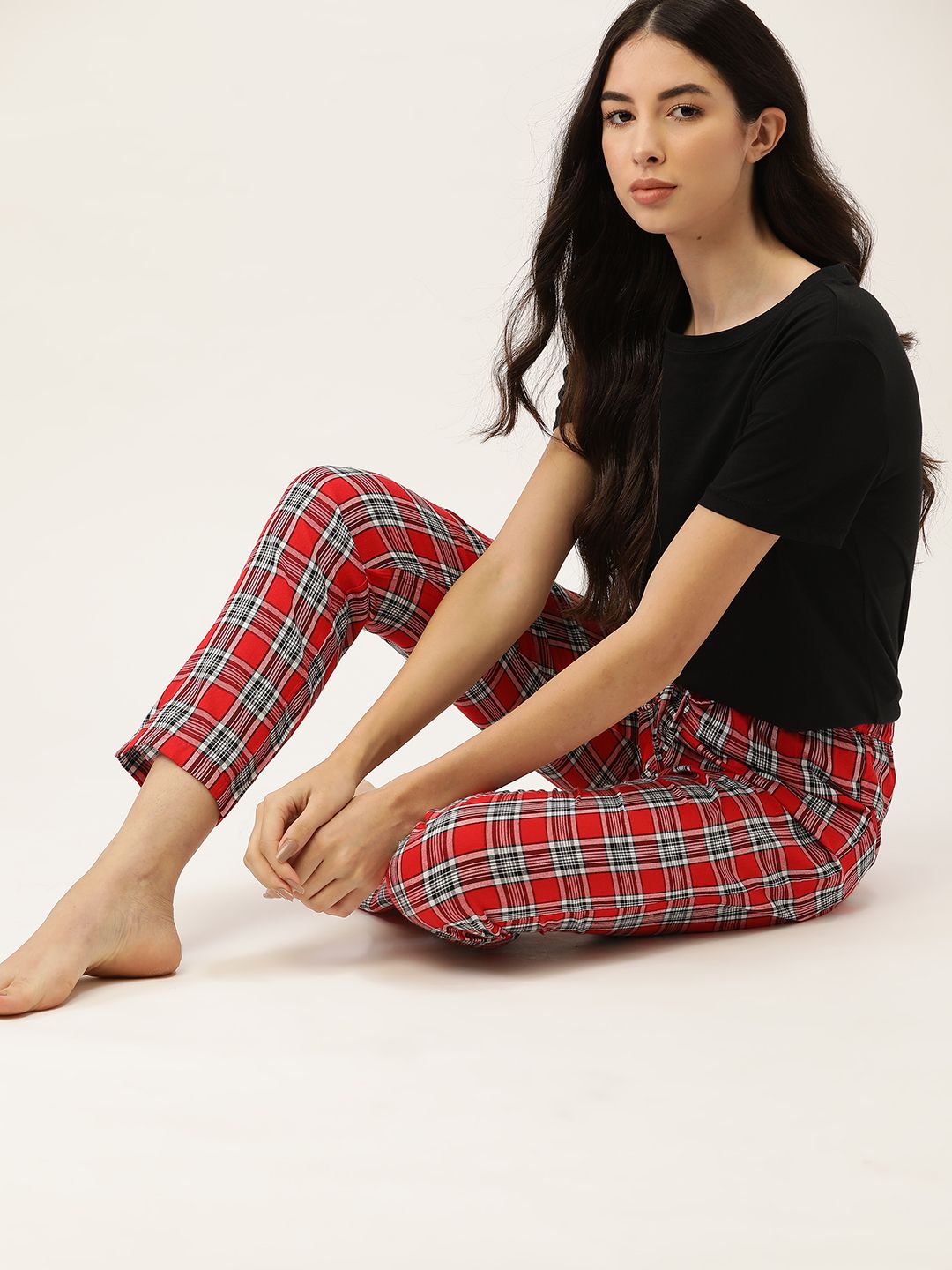 ETC Women Red & White Checked Lounge Pants Price in India