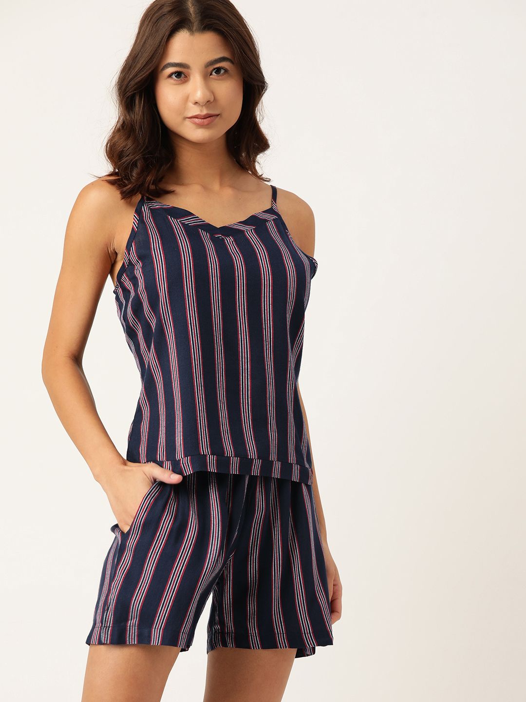 ETC Women Navy Blue & Red Striped Shorts Set Price in India
