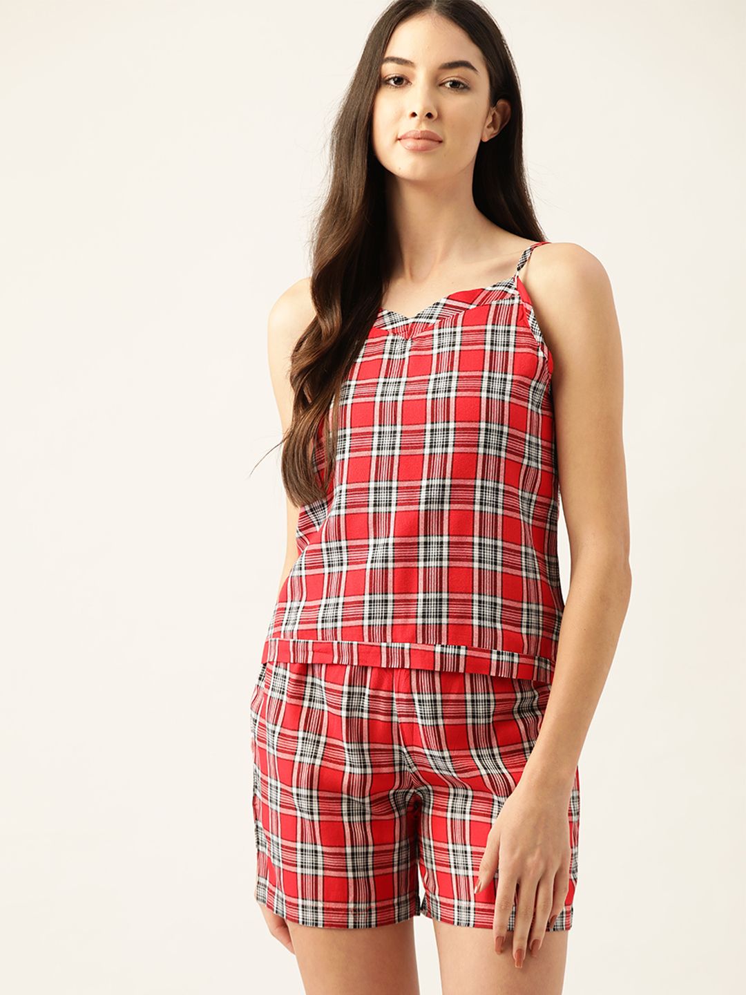 ETC Women Red & White Checked Pure Cotton Night suit Price in India