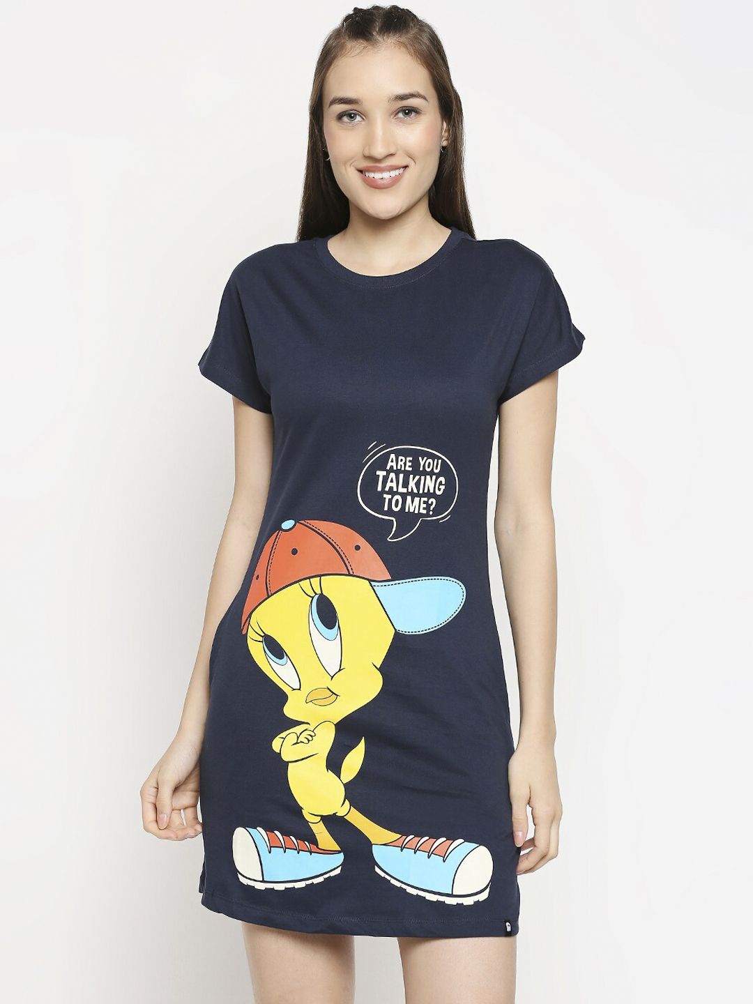 The Souled Store Navy Blue Tweety Bird Looney Tunes Printed Cotton Longline Lounge T-shirt Price in India