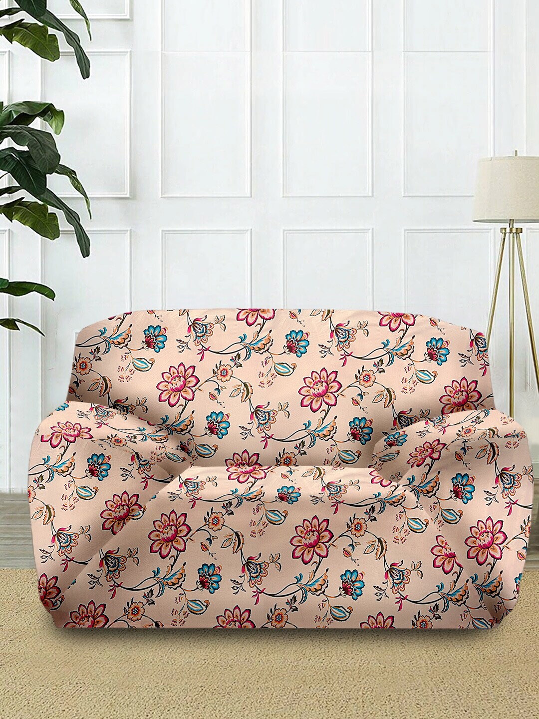 Cortina Beige & Red Floral Printed 1-Seater Super-Stretchable Non-Slip Sofa Slipcover Price in India