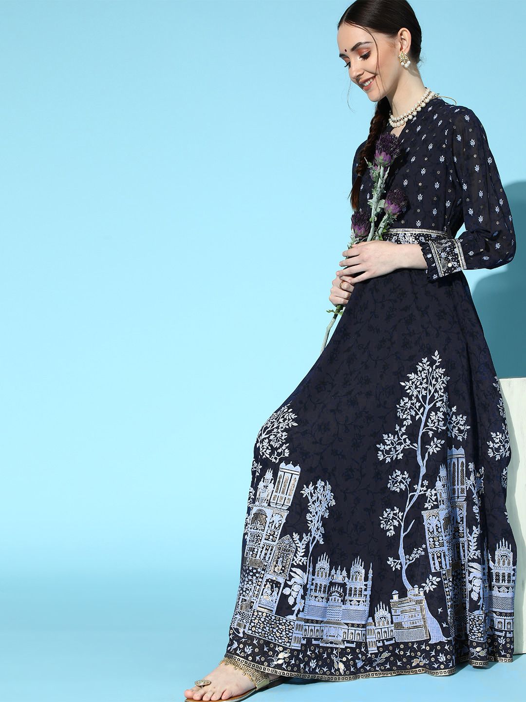 Juniper Women Navy Blue & Off White Ethnic Motifs Print Maxi Dress