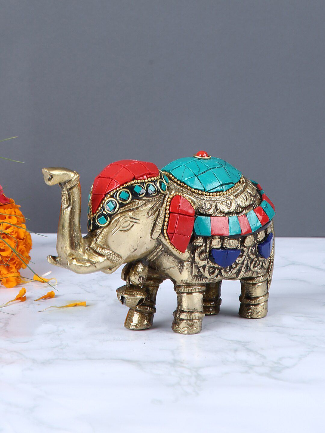 Aapno Rajasthan Gold-Toned & Red Handcrafted Elephant Showpiece Price in India