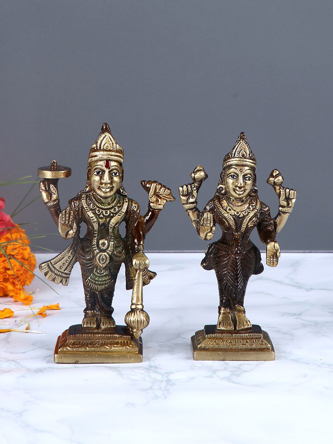 Aapno Rajasthan Set Of 2 Brown & Gold-Toned Handcrafted Lord Vishnu Goddess Laxmi Statues Price in India