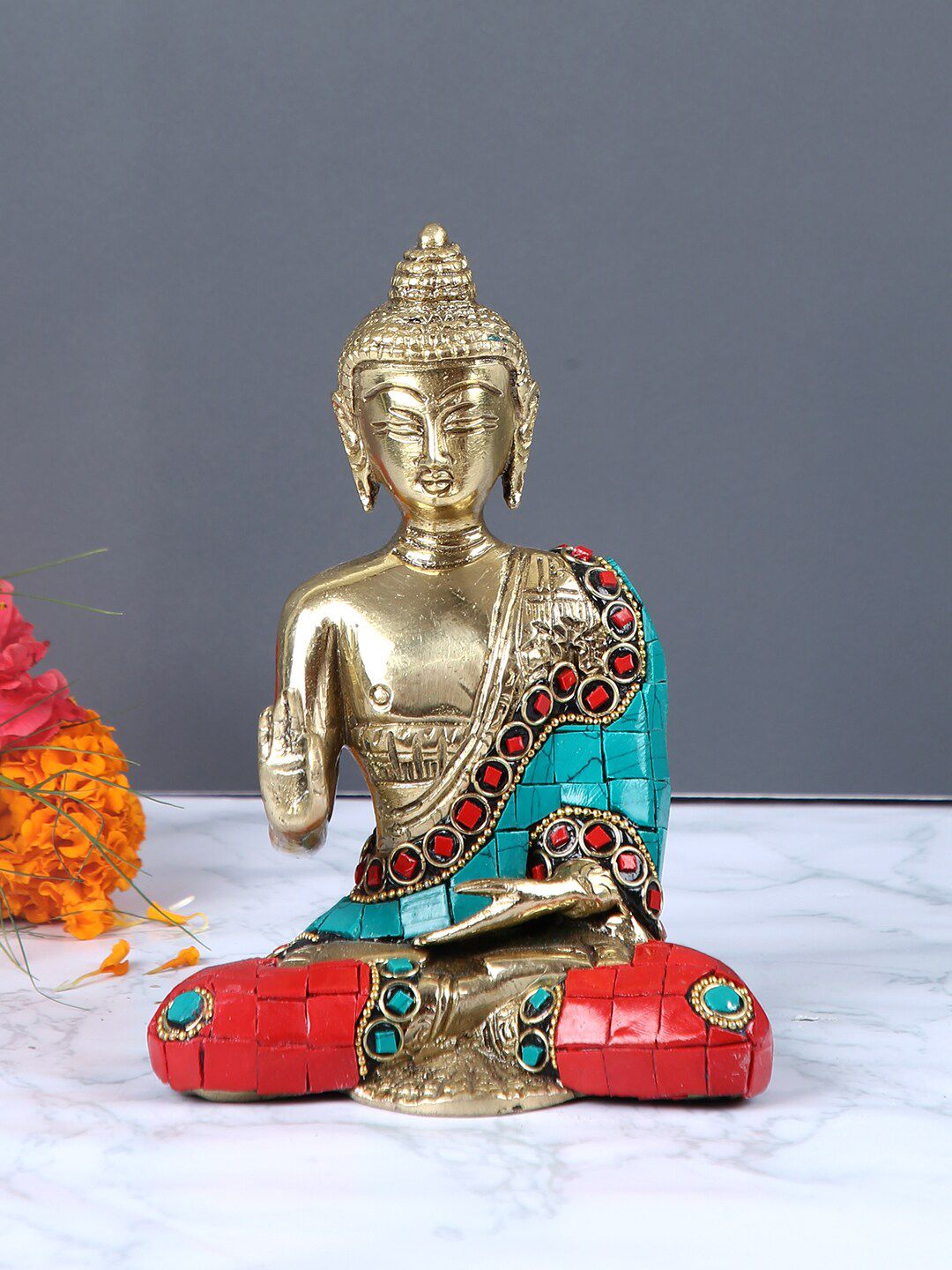 Aapno Rajasthan Gold-Toned & Red Handcrafted Colourful Buddha Statue Showpiece Price in India