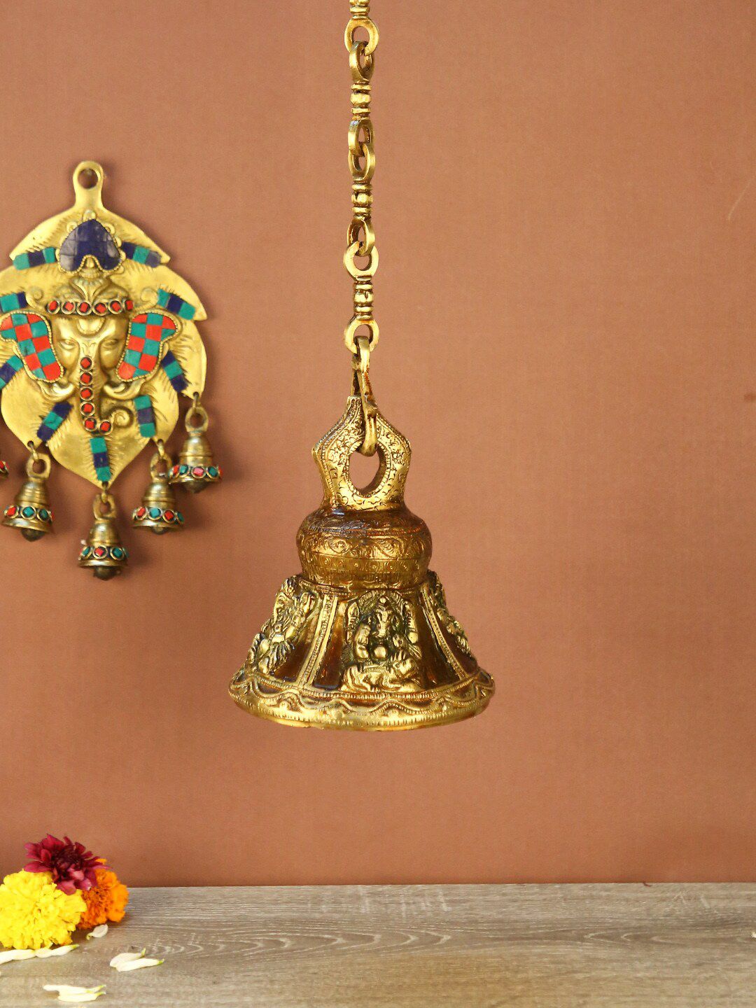 Aapno Rajasthan Brown & Gold-Toned Brass Lord Ganesh Handcrafted Hanging Antique Bell Price in India