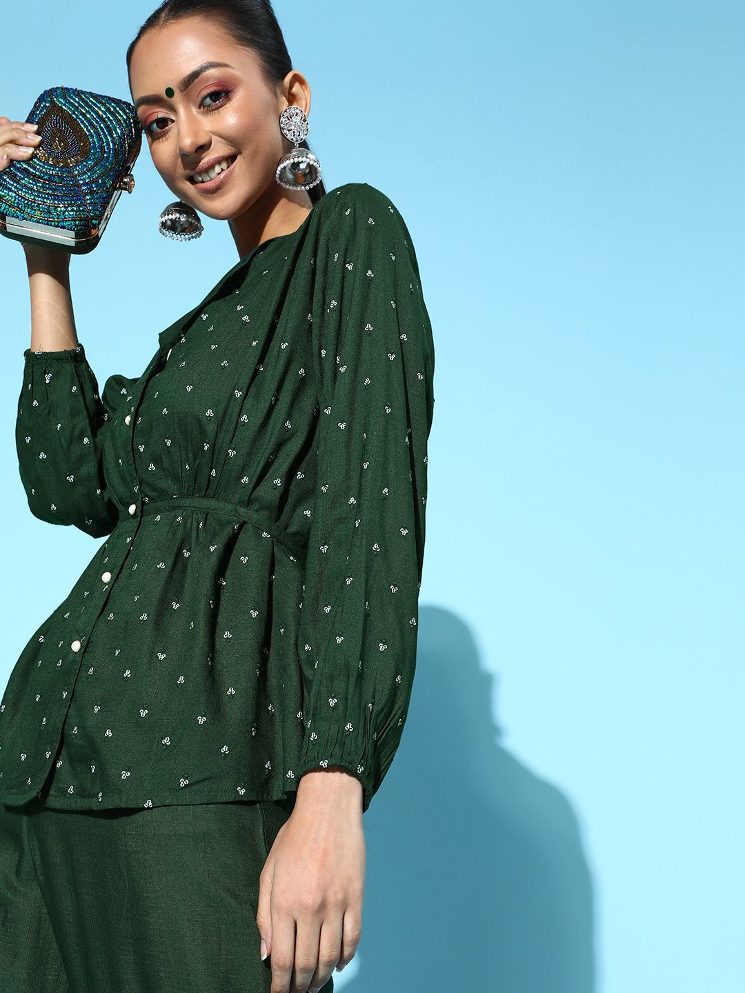 Juniper Enchanting Green Embellished Top with Sleek Palazzos Price in India