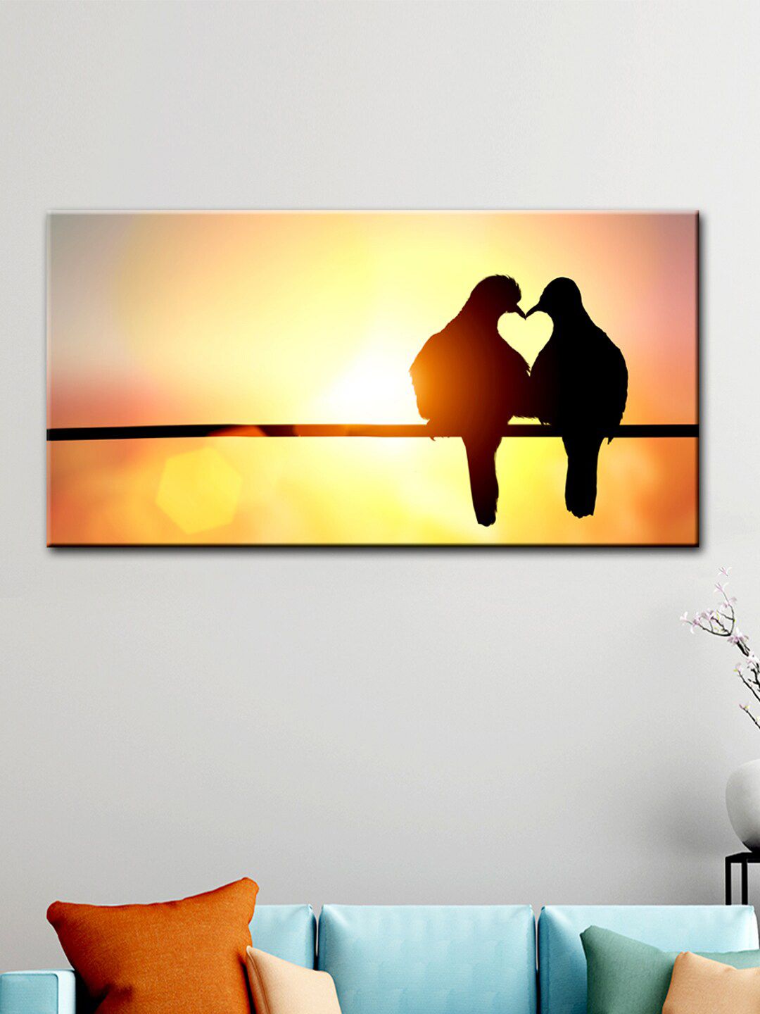 WALLMANTRA Multicoloured Lovebird Scenery Canvas Printed Painting Price in India