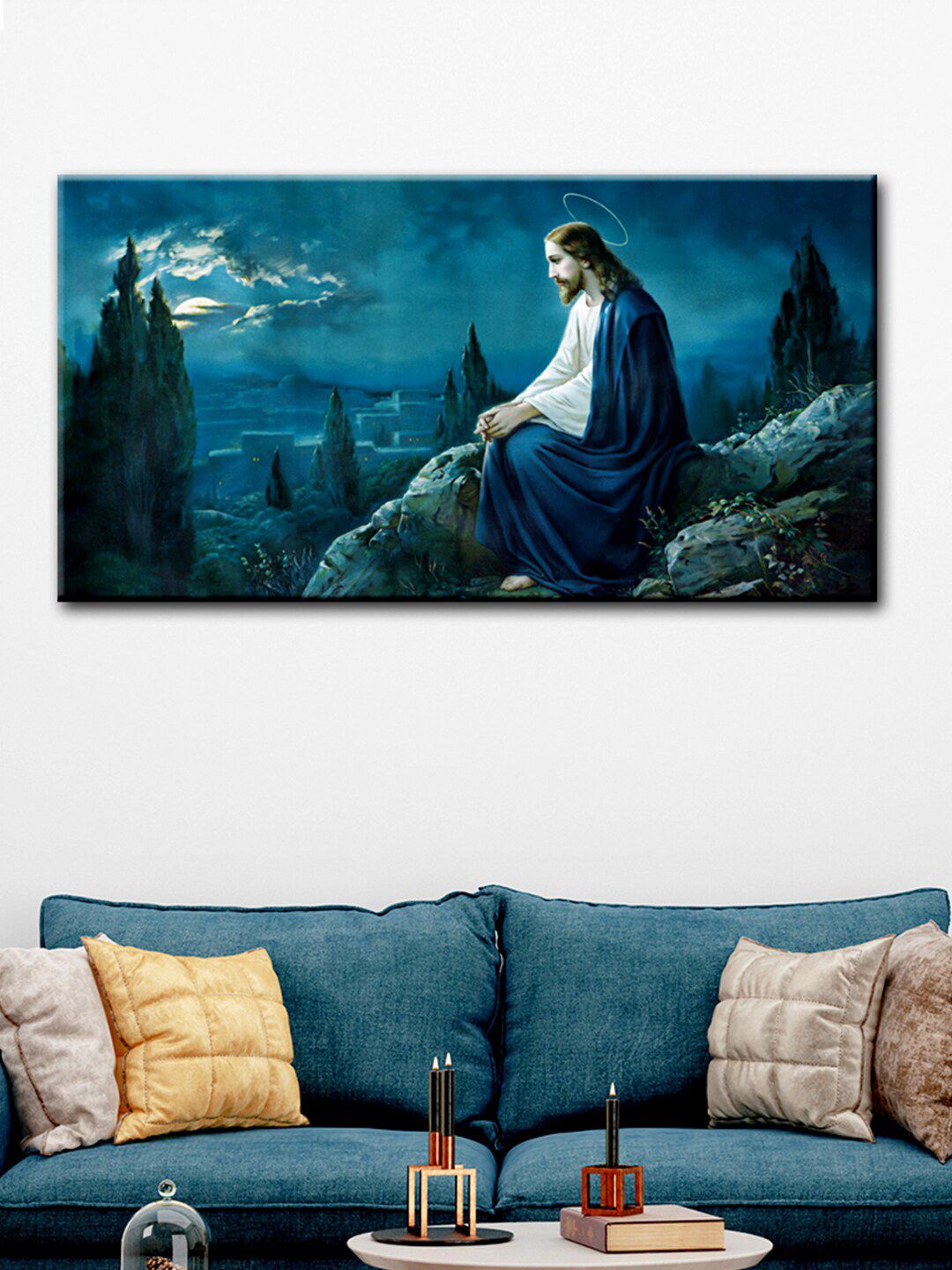 WALLMANTRA Blue Goad Jesus Beautiful Scenery Canvas Printed Painting Price in India