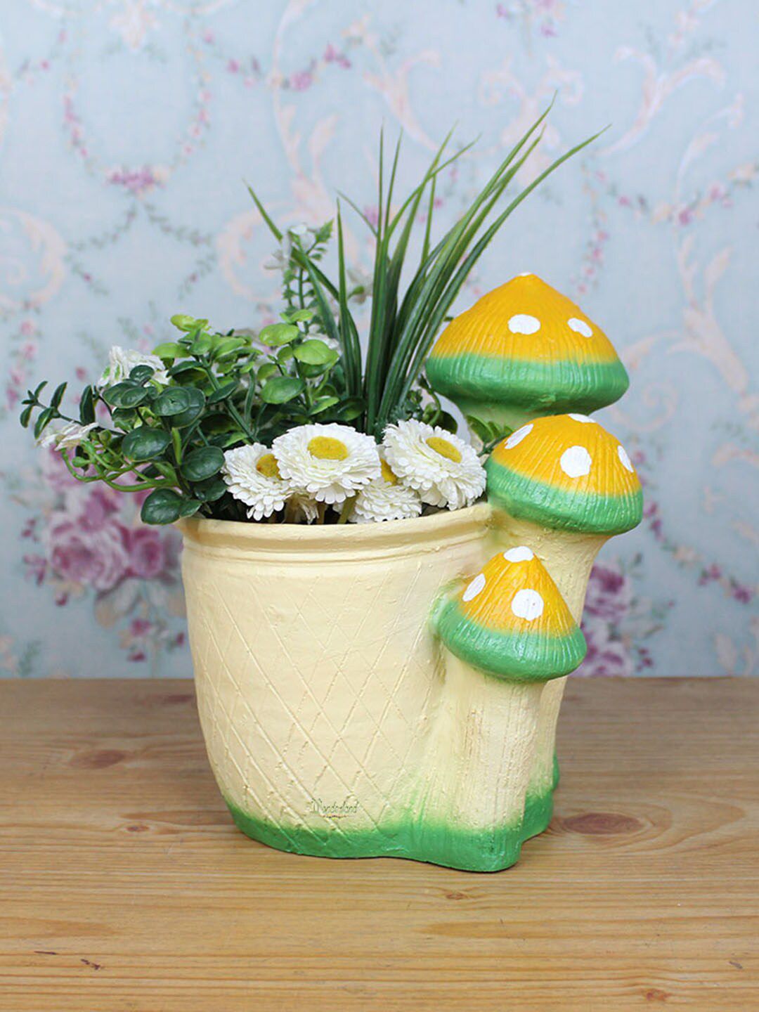 Wonderland Beige & Green Yellow Mushroom Planter Price in India