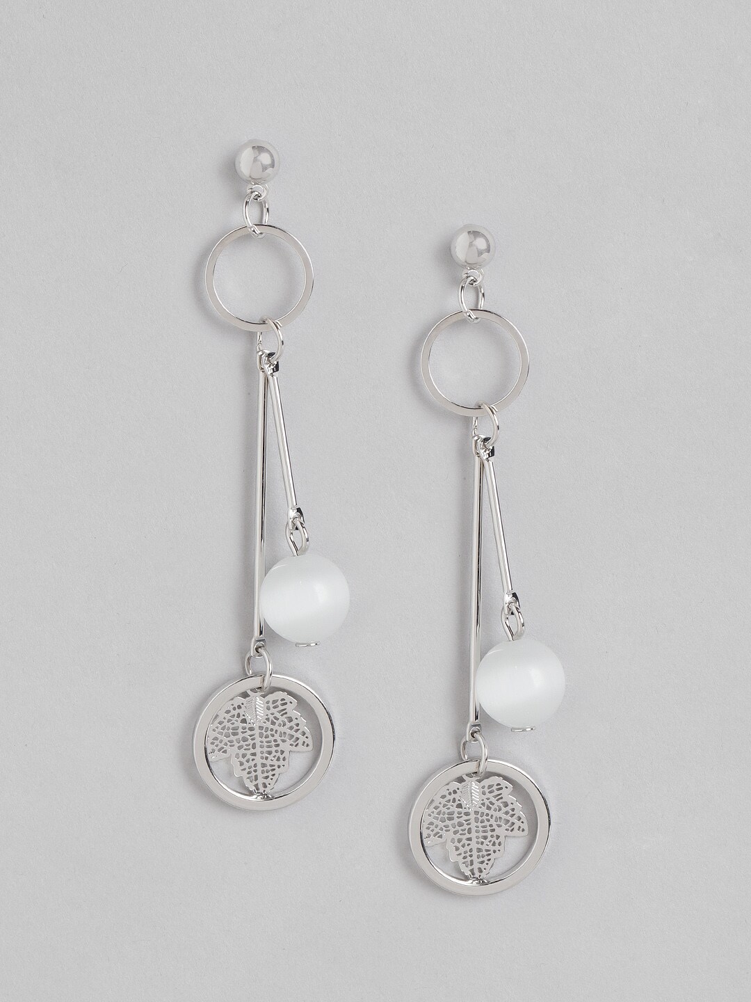 Carlton London Silver-Toned & White Rhodium-Plated Drop Earrings with Beaded Detail Price in India