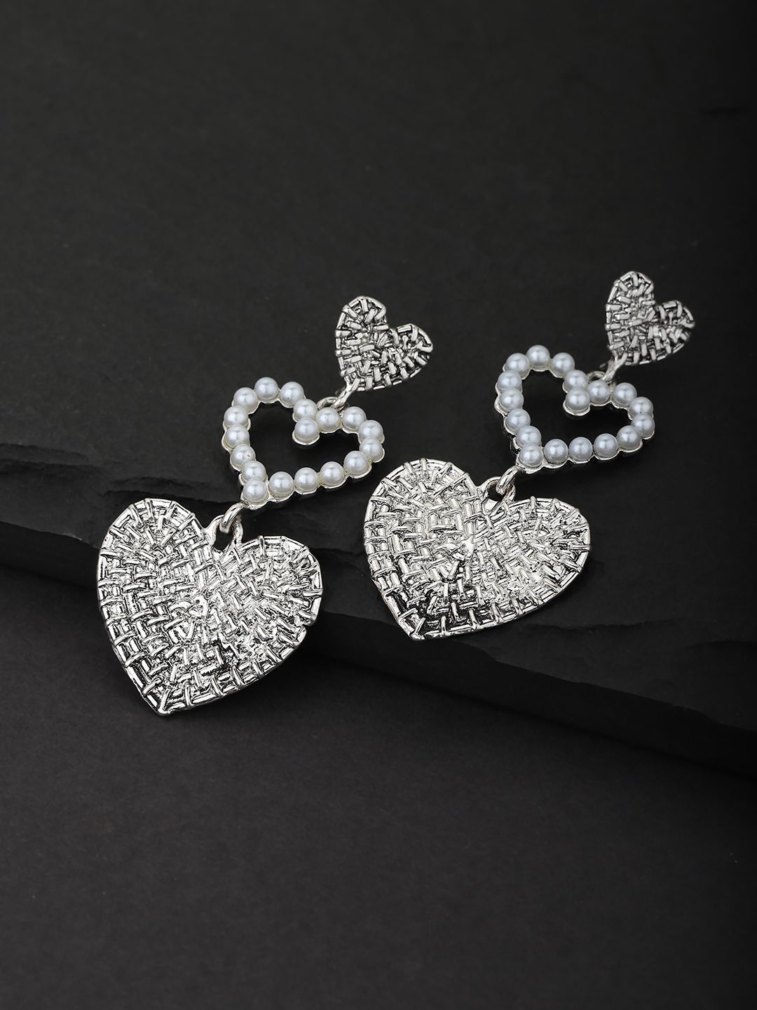Carlton London Silver-Toned & Off White Rhodium-Plated Beaded Heart Shaped Drop Earrings Price in India