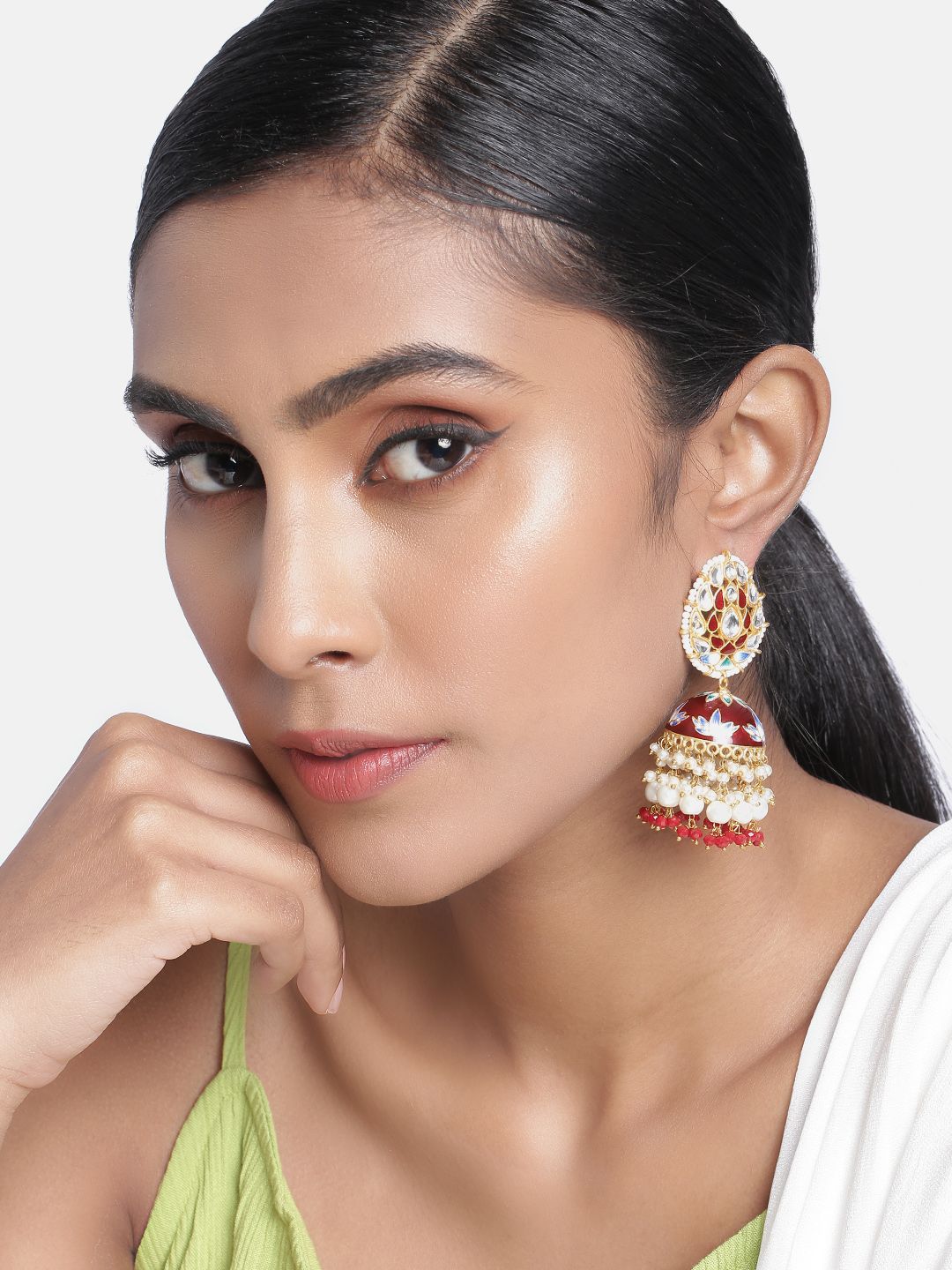 Peora Gold-Toned & Maroon Dome Shaped Meenakari Jhumkas Earrings Price in India