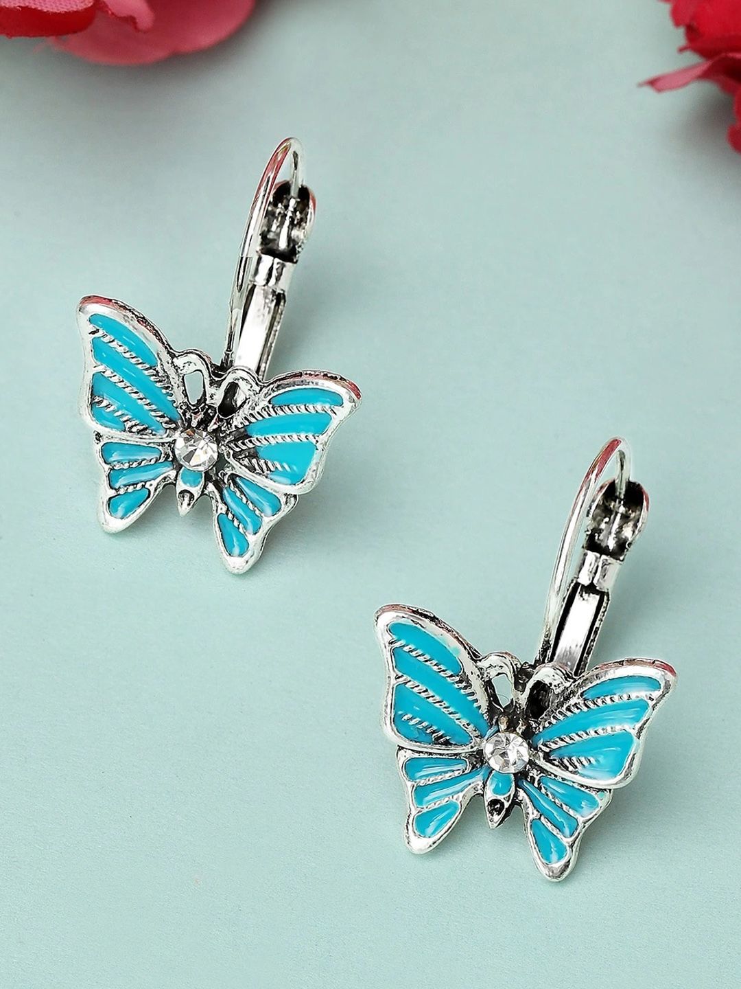 Rubans Oxidised Silver-Plated & Blue Butterfly Shaped Handcrafted Drop Earrings Price in India